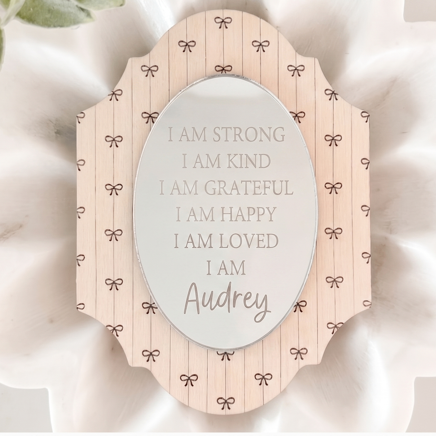 Personalized Affirmation Sign Custom Name Plaque Wooden Wall Art Kids Room Positive Daily Quotes Strong Kind Grateful Happy Loved Statements Scalloped Edge Design Bow Details Nursery Bedroom Motivation Tool Confidence Building Display