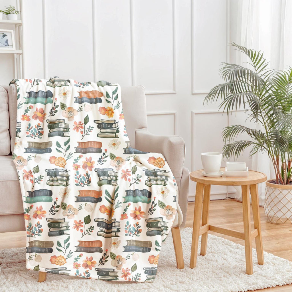 Plush Velveteen Blanket with Books and Floral Pattern Cozy Reading Blanket Soft Literary Themed Throw Book Lover's Gift For Bookworms