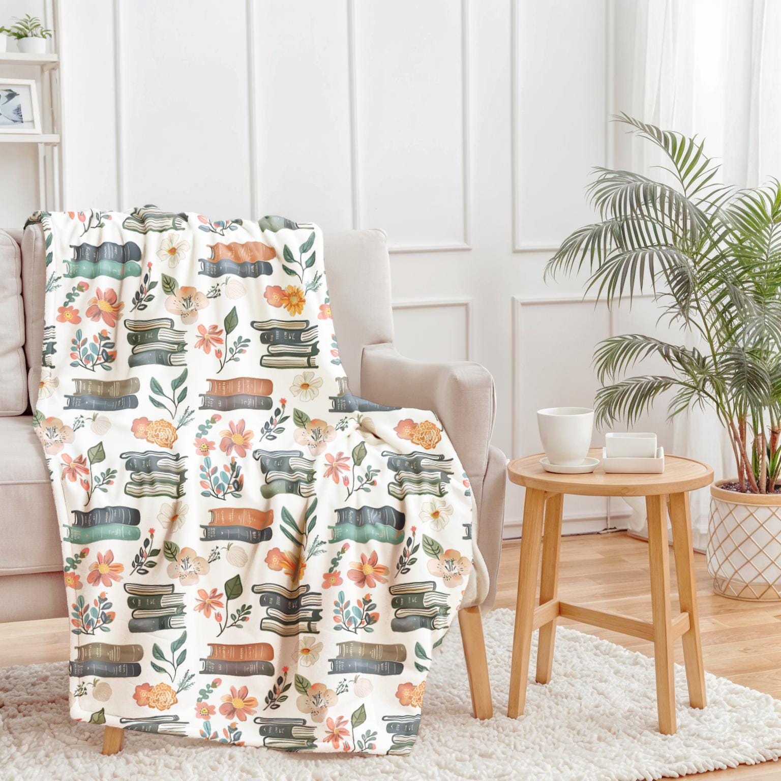 Plush Velveteen Blanket with Books and Floral Pattern Cozy Reading Blanket Soft Literary Themed Throw Book Lover's Gift For Bookworms