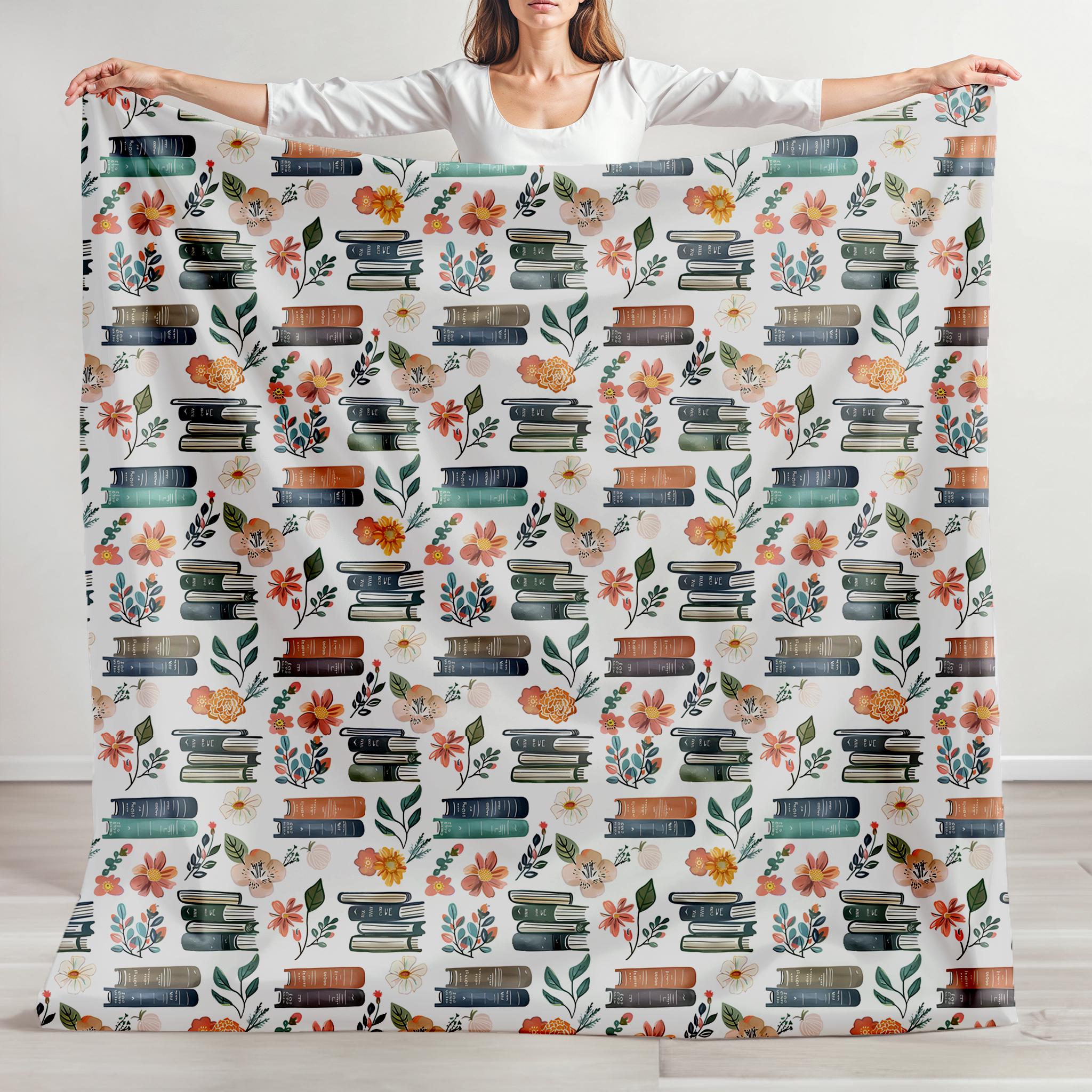 Plush Velveteen Blanket with Books and Floral Pattern Cozy Reading Blanket Soft Literary Themed Throw Book Lover's Gift For Bookworms