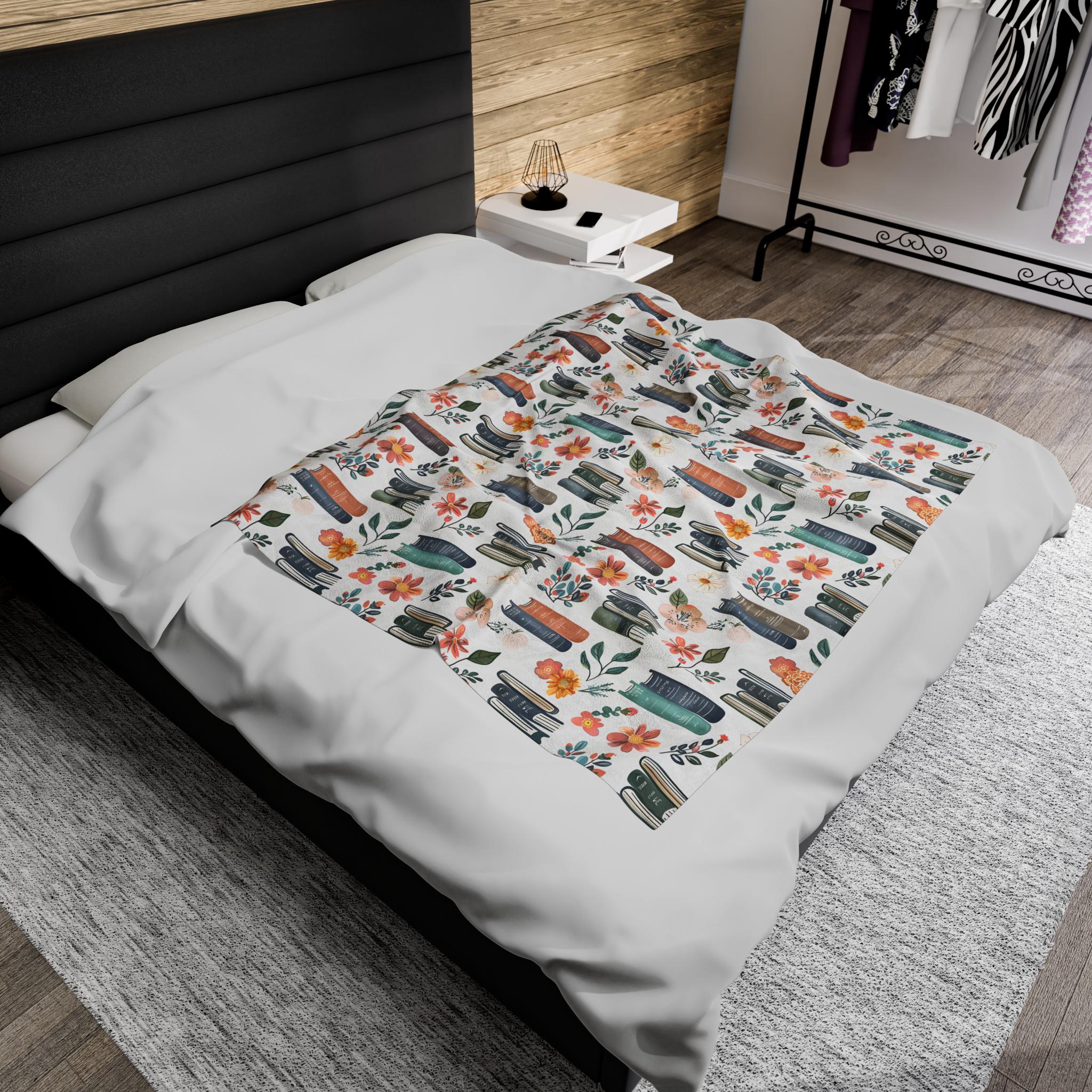 Plush Velveteen Blanket with Books and Floral Pattern Cozy Reading Blanket Soft Literary Themed Throw Book Lover's Gift For Bookworms