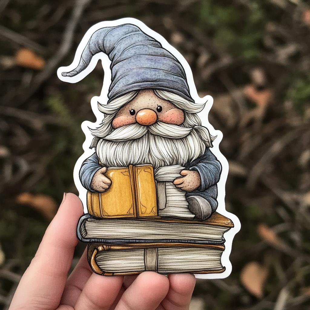 Hand Drawn Gnome Book Lover Sticker Cute Gnome Reading Sticker for Journals Laptops and Water Bottles Fall Themed Gnome Vinyl Sticker