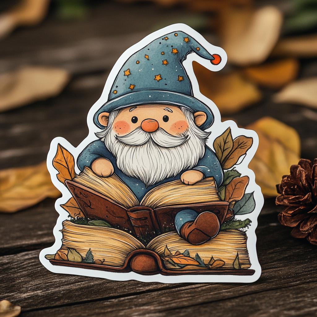 Hand Drawn Gnome Book Lover Sticker Cute Gnome Reading Sticker for Journals Laptops and Water Bottles Fall Themed Gnome Vinyl Sticker