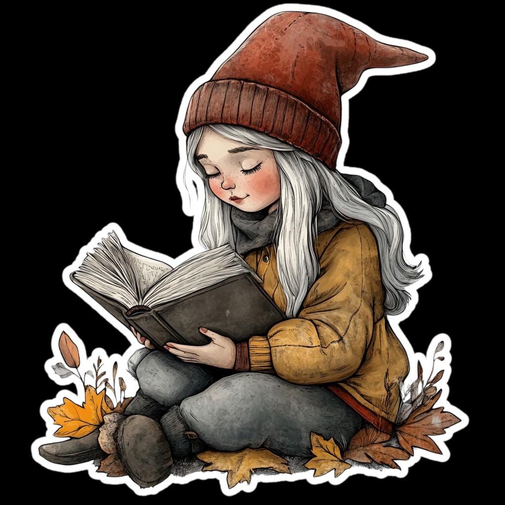 Hand Drawn Gnome Book Lover Sticker Cute Gnome Reading Sticker for Journals Laptops and Water Bottles Fall Themed Gnome Vinyl Sticker
