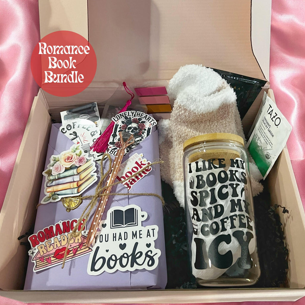 Romance Book Gift Box Surprise Blind Date Bundle Mystery Novel Collection Bookish Reader Gift Set Cozy Fuzzy Socks Spicy Books Icy Coffee Glass Can Tumbler Bookmarks Stickers Tea Bags Under Eye Mask Self Care Package Perfect Birthday