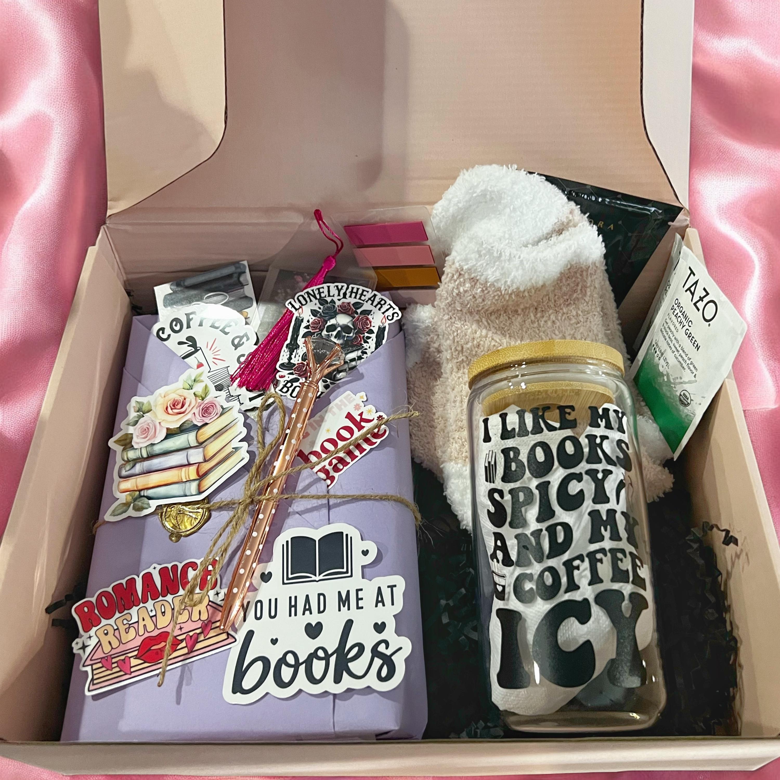 Blind Date Book Box Romance Reader Gift Bundle Curated Mystery Novel Package Bookish Subscription Box Style Gift Set Cozy Reading Accessories Fuzzy Socks Glass Tumbler With Straw Romance Themed Bookmarks Stickers Self Care Items Tea