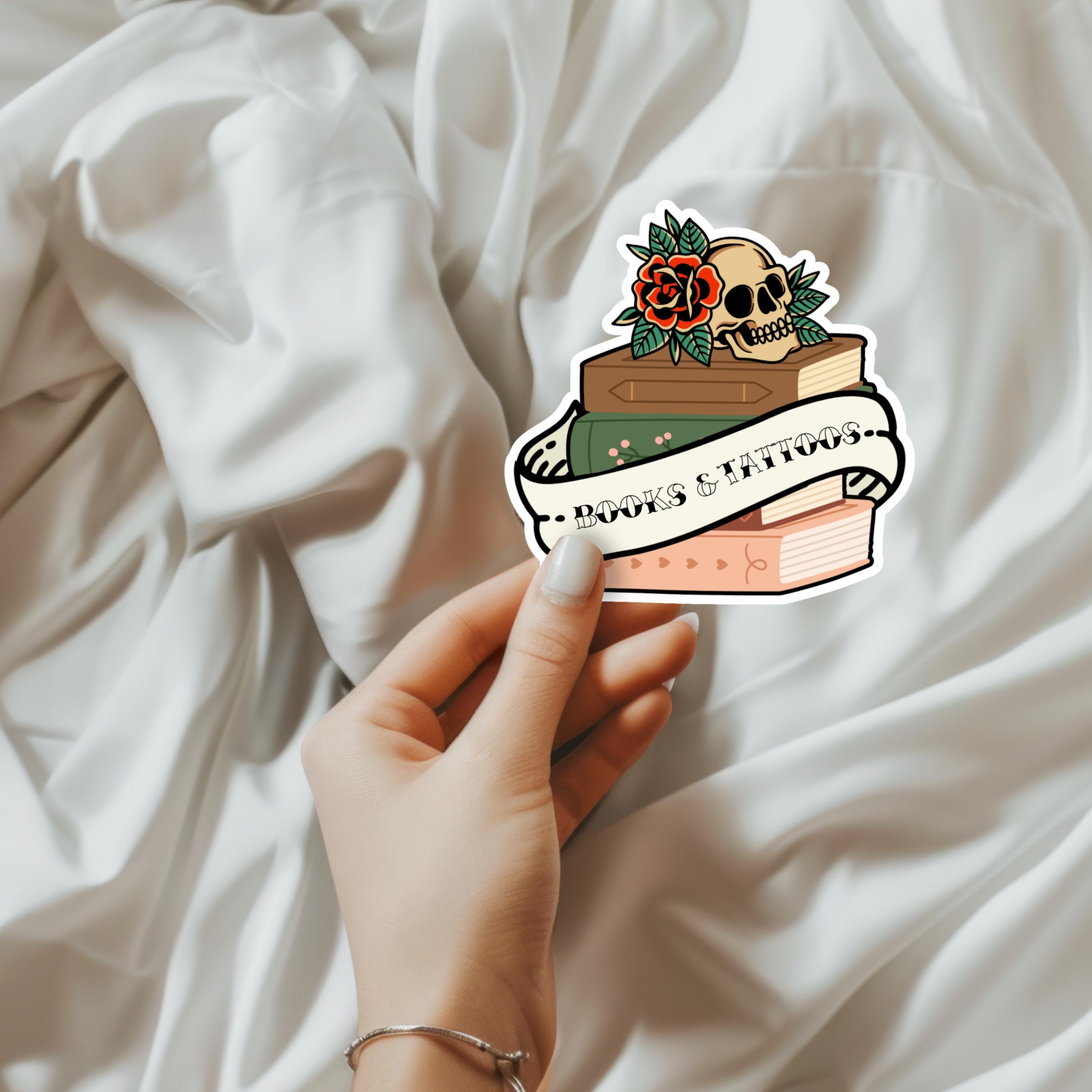 Books & Tattoos Sticker Vintage Tattoo Inspired Bookish Sticker Skull and Book Aesthetic Water Resistant Vinyl Kindle Sticker Tattoo Art