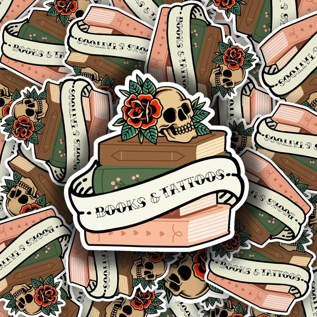 Books & Tattoos Sticker Vintage Tattoo Inspired Bookish Sticker Skull and Book Aesthetic Water Resistant Vinyl Kindle Sticker Tattoo Art
