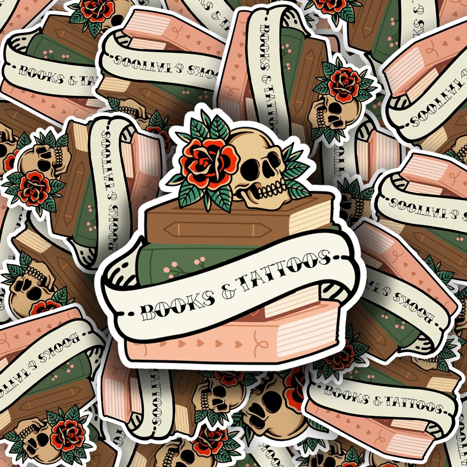 Books & Tattoos Sticker Vintage Tattoo Inspired Bookish Sticker Skull and Book Aesthetic Water Resistant Vinyl Kindle Sticker Tattoo Art