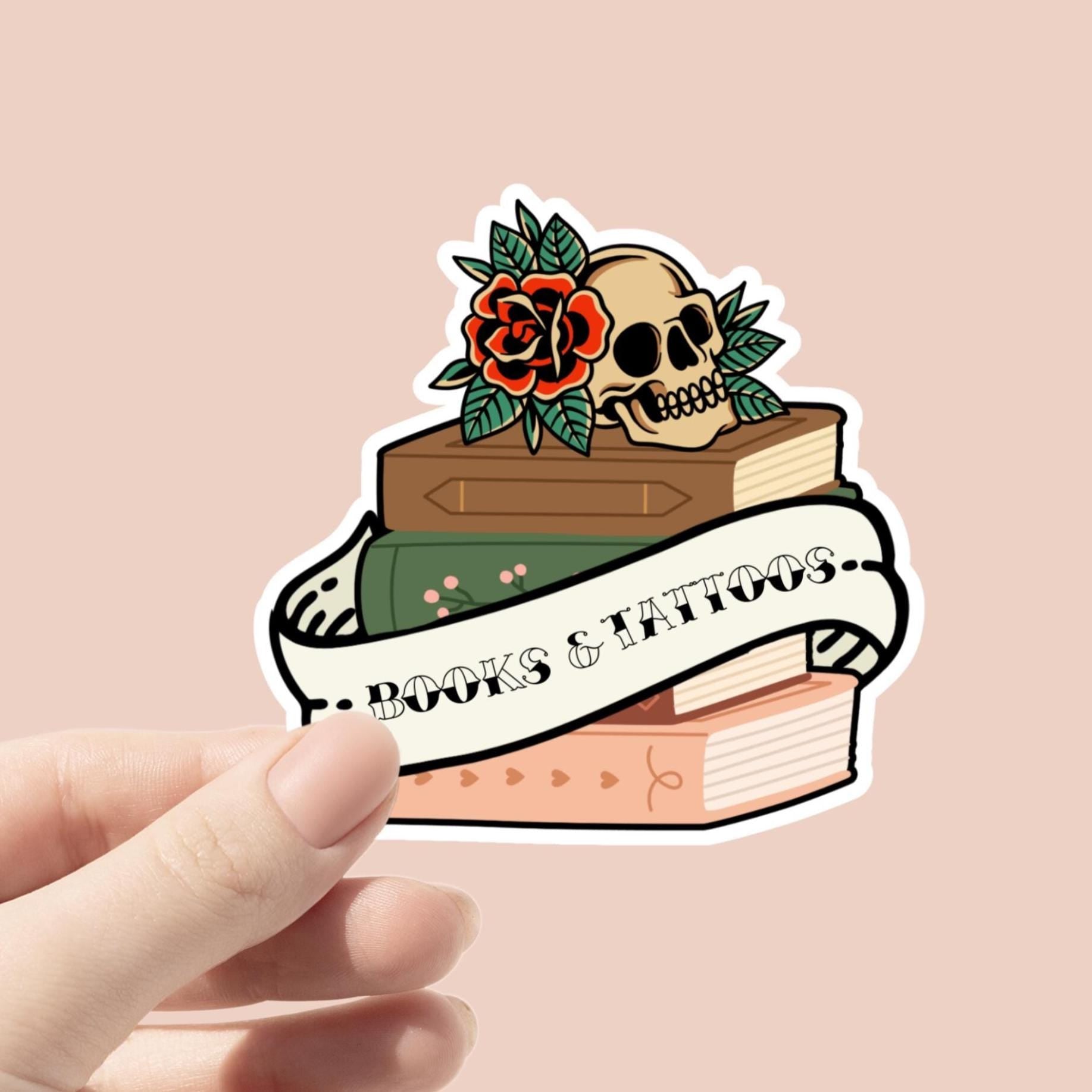 Books & Tattoos Sticker Vintage Tattoo Inspired Bookish Sticker Skull and Book Aesthetic Water Resistant Vinyl Kindle Sticker Tattoo Art
