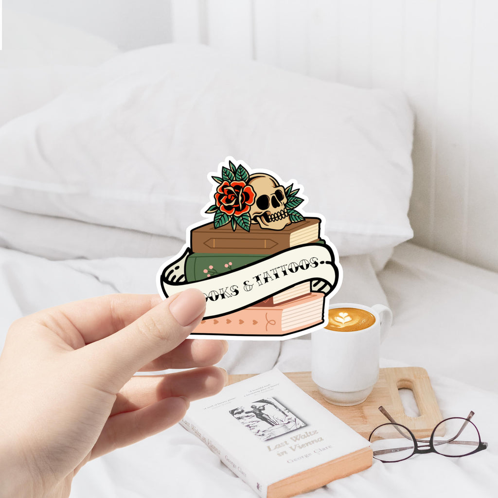 Books & Tattoos Sticker Vintage Tattoo Inspired Bookish Sticker Skull and Book Aesthetic Water Resistant Vinyl Kindle Sticker Tattoo Art