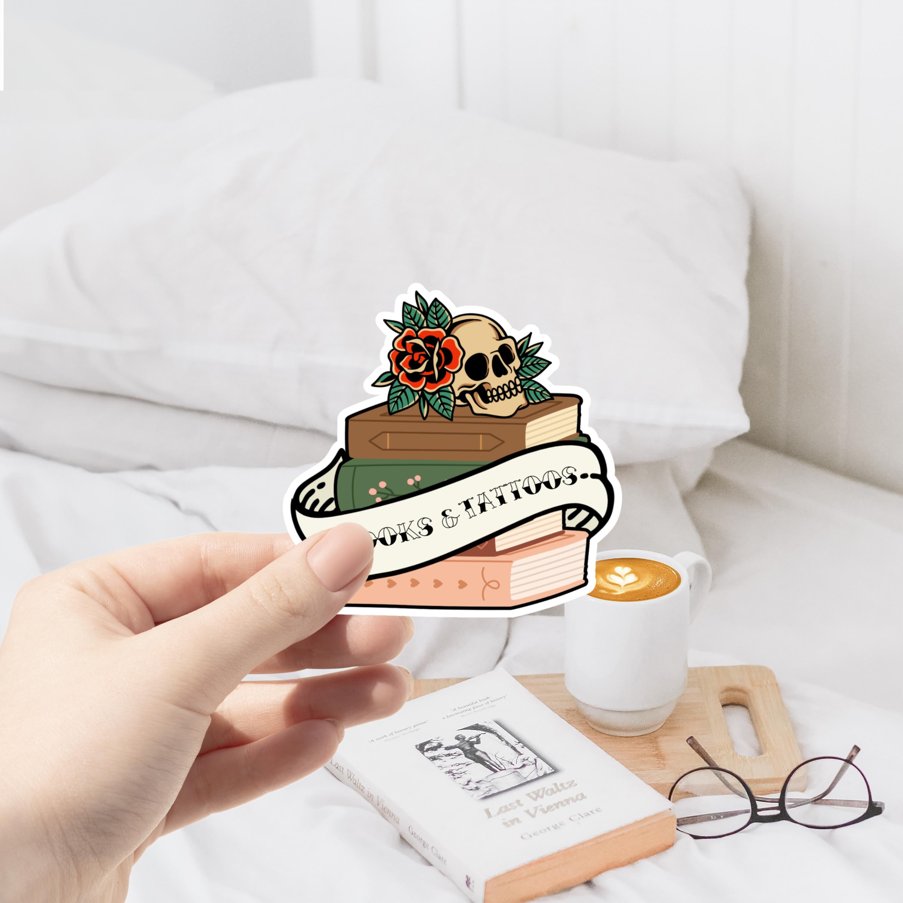 Books & Tattoos Sticker Vintage Tattoo Inspired Bookish Sticker Skull and Book Aesthetic Water Resistant Vinyl Kindle Sticker Tattoo Art