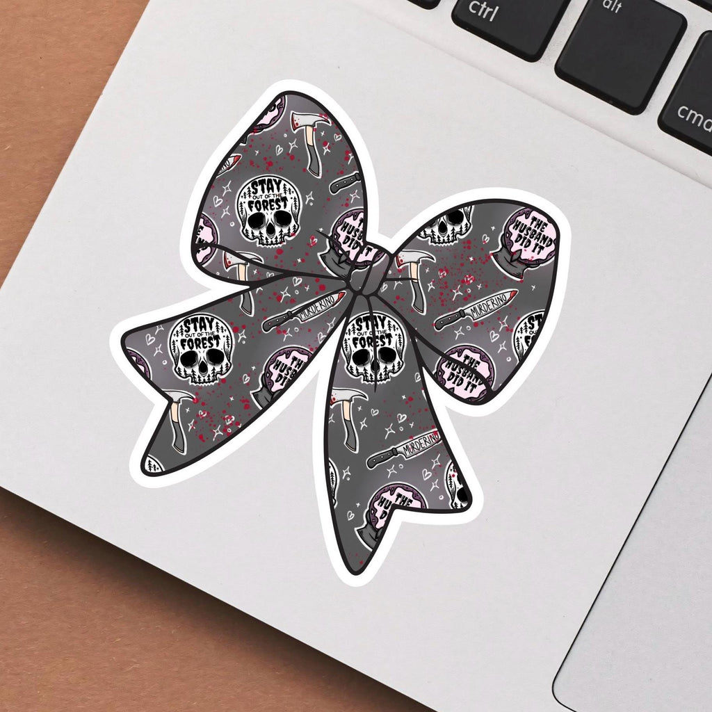 True Crime Coquette Bow Sticker Funny Murder Mystery Vinyl Decal The Husband Did It Skull Sticker for True Crime Lover Kindle Sticker