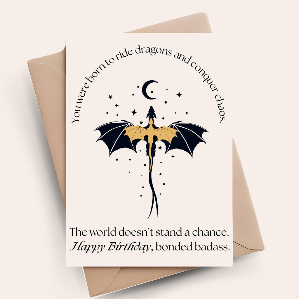 Fantasy Birthday Card Dragon Rider Theme Book Lover Gift Bookish Greeting Card Literary Fantasy Design Reader Birthday Present Magical Dragon Silhouette Moon Stars Celestial Pattern Epic Fantasy Birthday Celebration Card Book Enthusiast