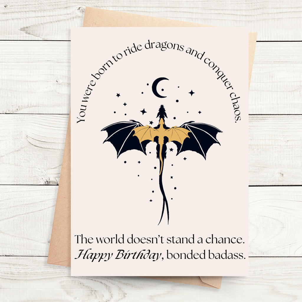 Dragon Birthday Greeting Card Fantasy Book Reader Gift Literary Theme Birthday Card Bookish Fantasy Design Dragon Rider Silhouette Celestial Moon Stars Pattern Reader Birthday Present Epic Fantasy Literature Card Book Lover Birthday