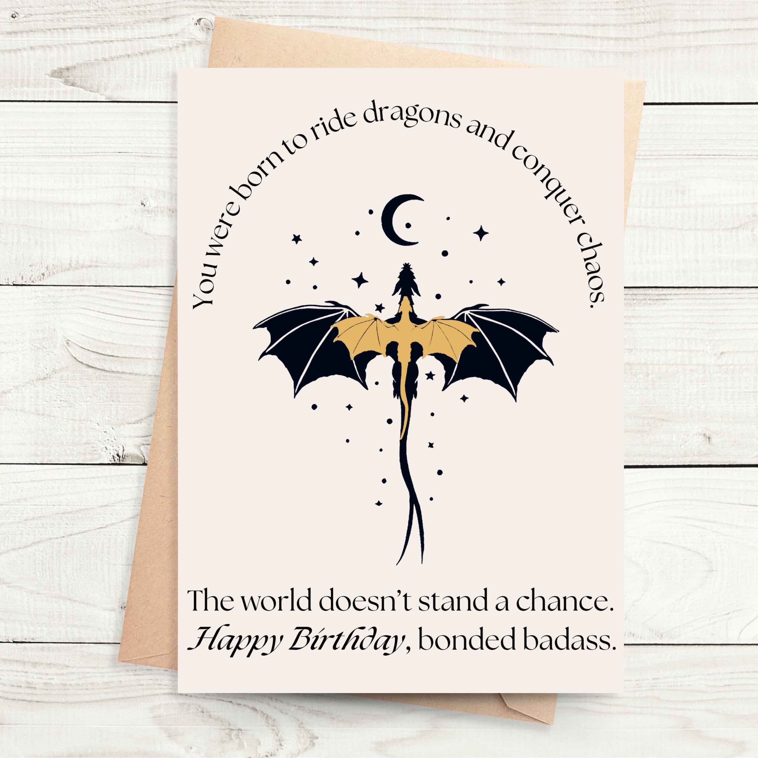 Dragon Birthday Greeting Card Fantasy Book Reader Gift Literary Theme Birthday Card Bookish Fantasy Design Dragon Rider Silhouette Celestial Moon Stars Pattern Reader Birthday Present Epic Fantasy Literature Card Book Lover Birthday