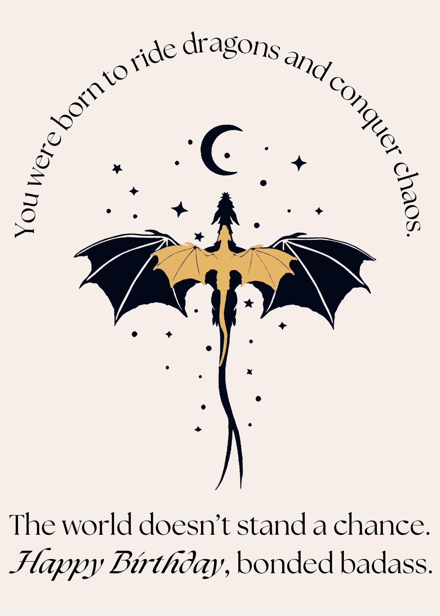 Dragon Rider Birthday Greeting Fantasy Book Theme Card Literary Reader Gift Bookish Fantasy Birthday Present Celestial Dragon Silhouette Moon Stars Design Epic Fantasy Literature Card Book Enthusiast Birthday Greeting Magical Dragon Theme