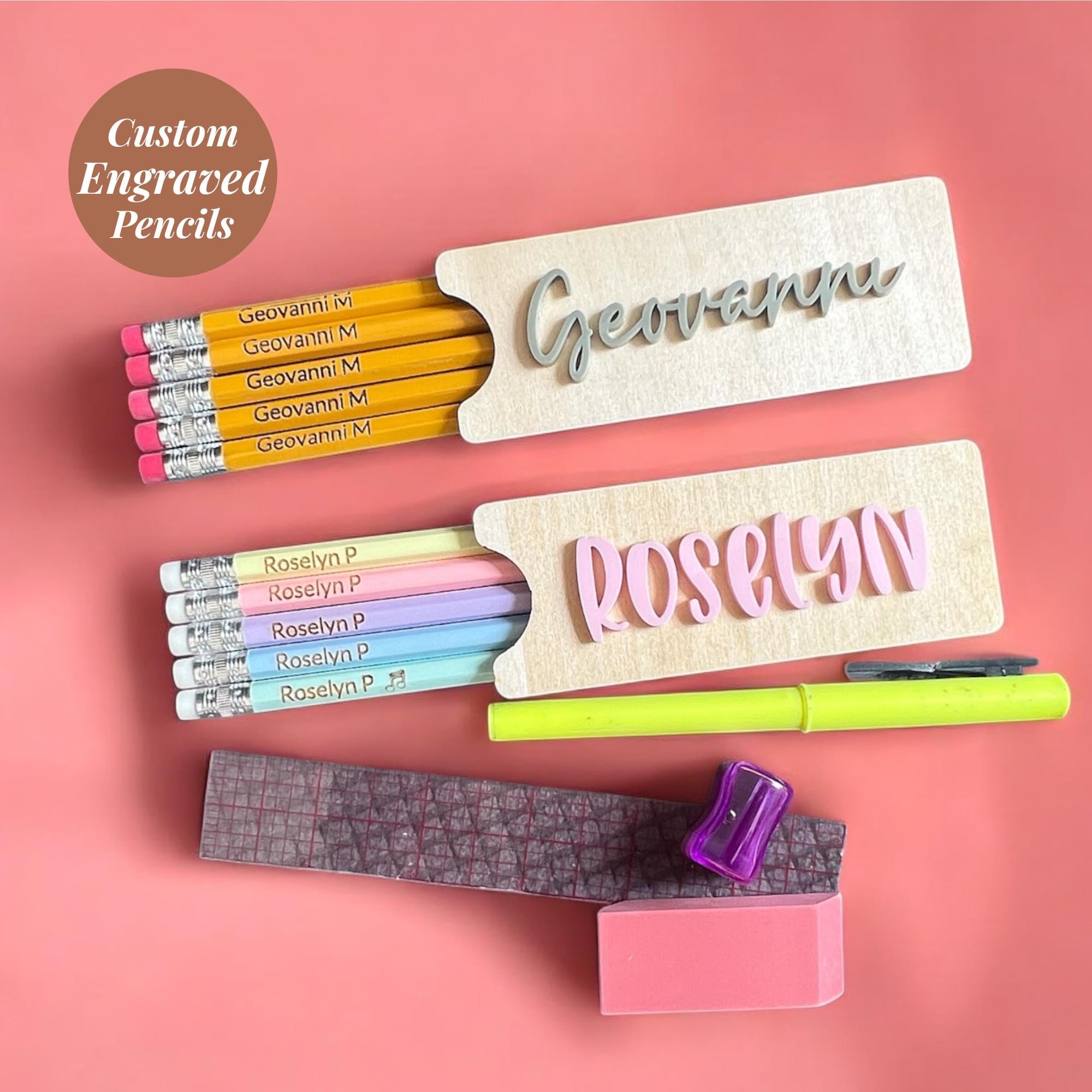 Custom Engraved Pencil Set Personalized Wooden Holder Back To School Essentials Student Organization Gift Ideas Monogrammed School Supplies Custom Name Tags Desk Organizer Solutions Classroom Ready Supplies Teacher Gift Set Basswood Pencil