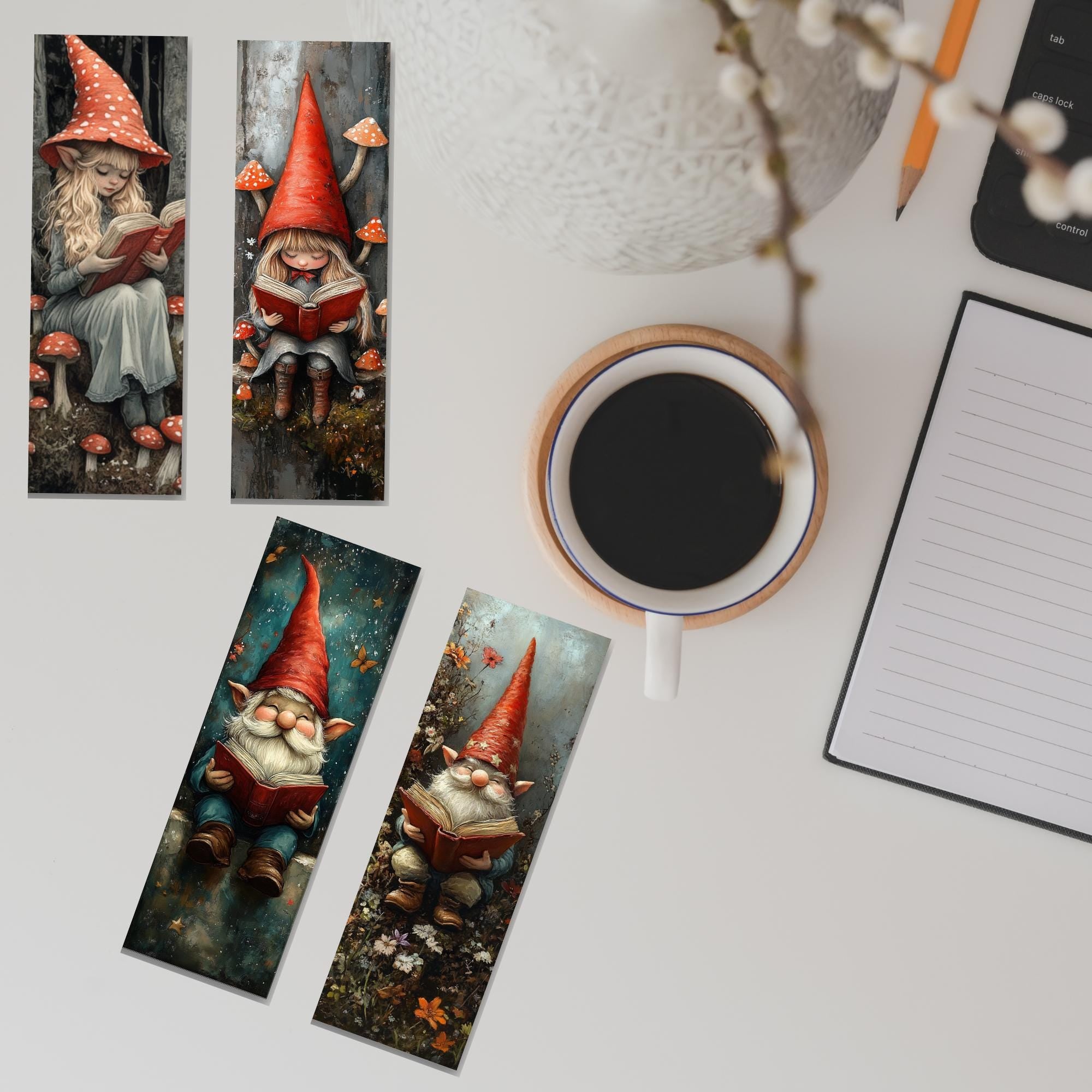 Gnome Reading Bookmark Set: Fantasy Woodland Book Lover Gift