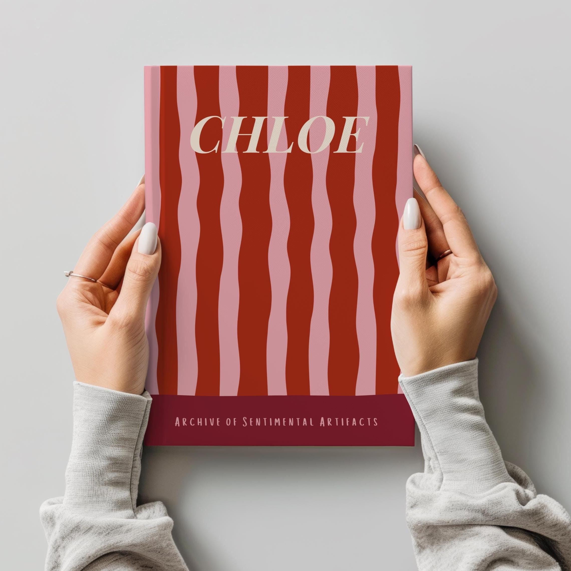 Personalized Hardcover Journal for Notes Writing Pad Lined Pages Custom Name Retro Aesthetic Stripe Pink Vintage Gift Idea Nostalgic