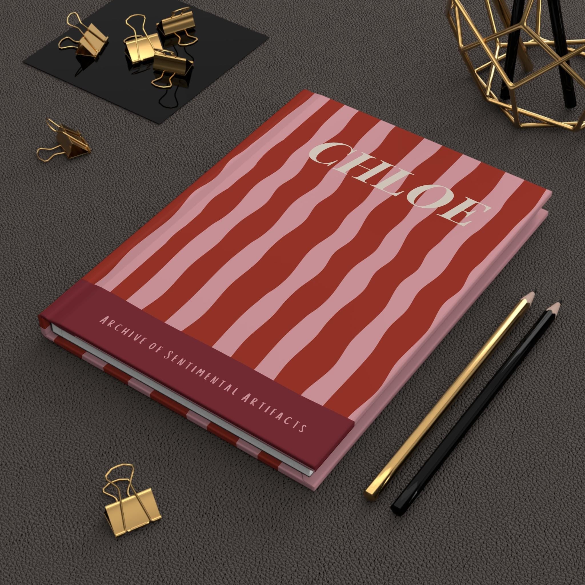 Personalized Hardcover Journal for Notes Writing Pad Lined Pages Custom Name Retro Aesthetic Stripe Pink Vintage Gift Idea Nostalgic