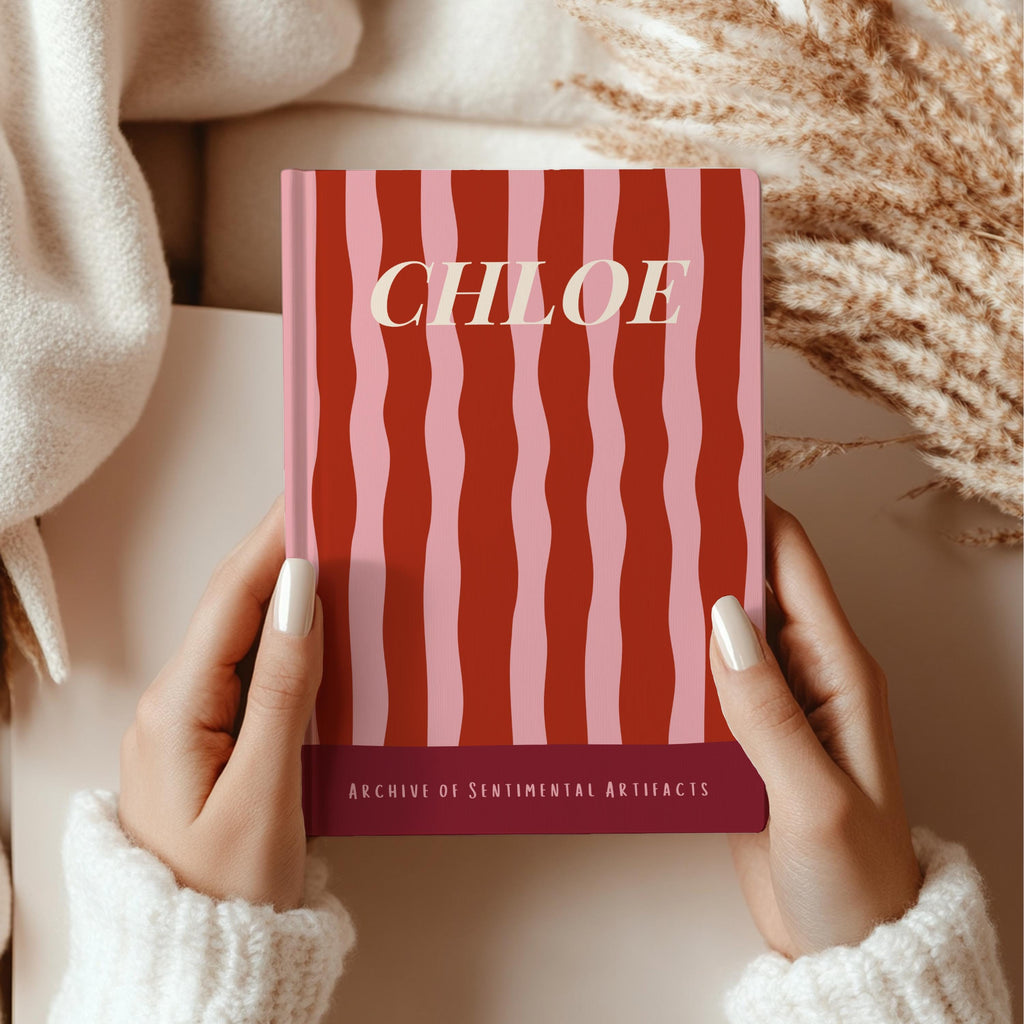 Personalized Hardcover Journal for Notes Writing Pad Lined Pages Custom Name Retro Aesthetic Stripe Pink Vintage Gift Idea Nostalgic