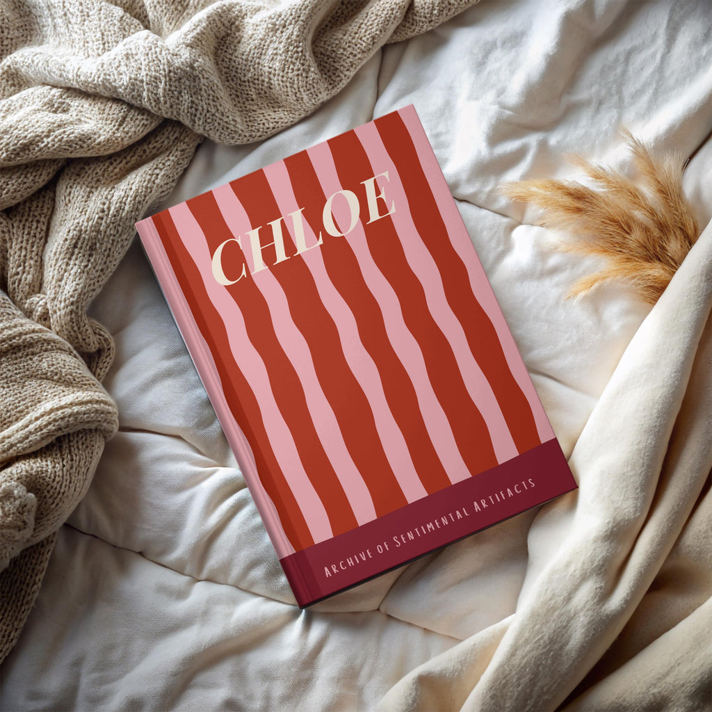 Personalized Hardcover Journal for Notes Writing Pad Lined Pages Custom Name Retro Aesthetic Stripe Pink Vintage Gift Idea Nostalgic
