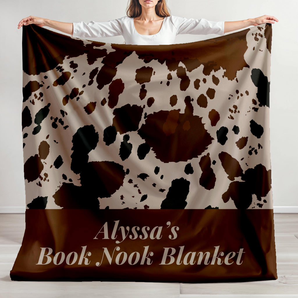 Custom Name Book Nook Blanket Cow Print Velveteen Plush