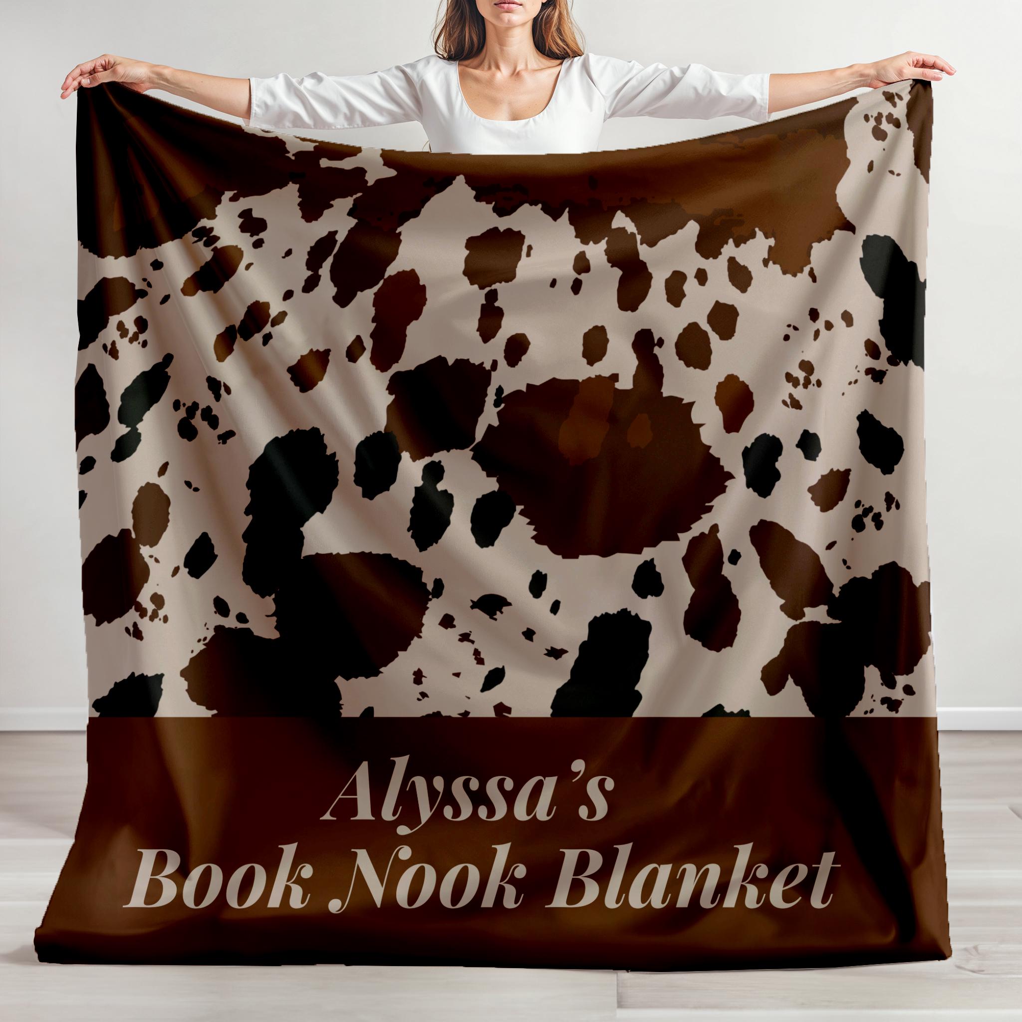 Custom Name Book Nook Blanket Cow Print Velveteen Plush