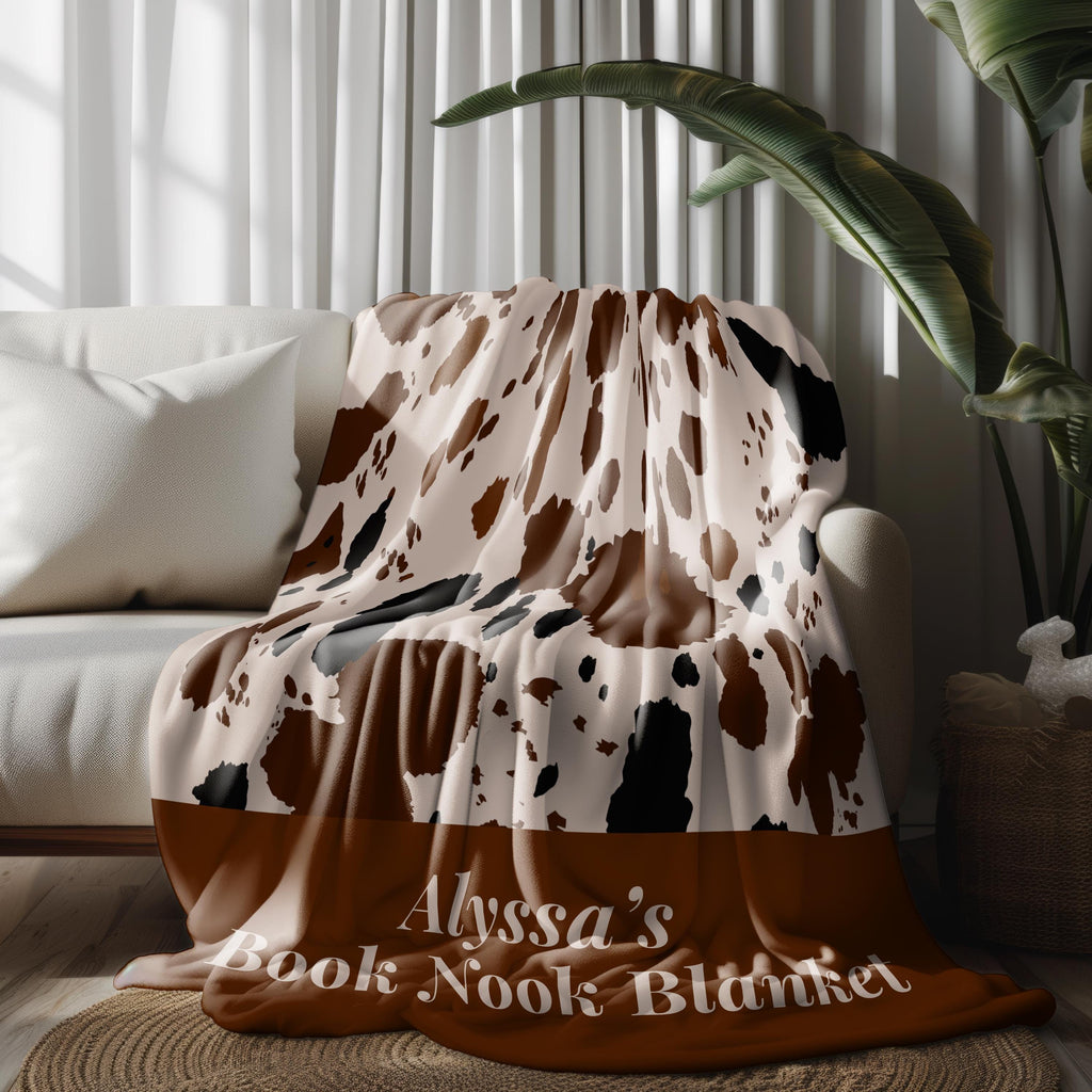 Custom Name Book Nook Blanket Cow Print Velveteen Plush