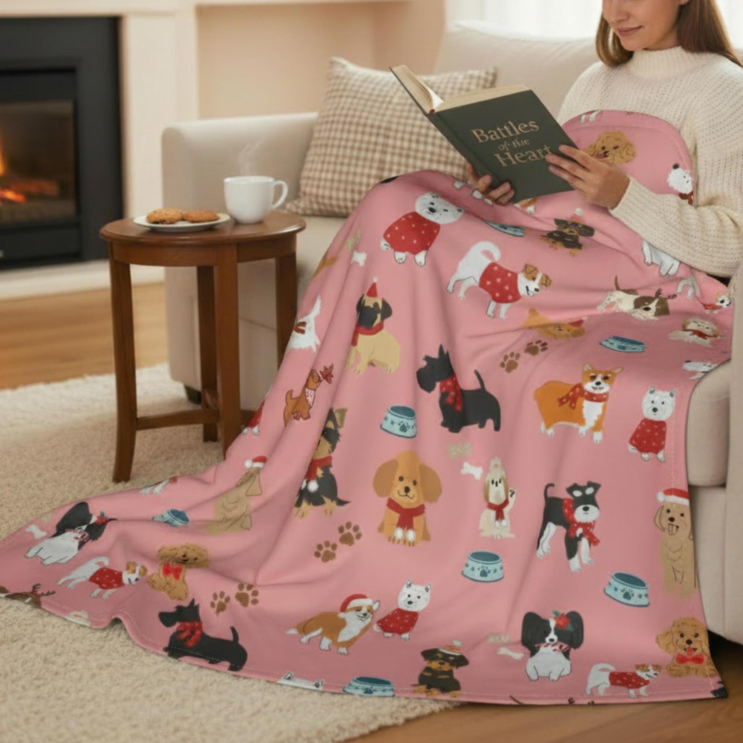 Hand-Drawn Dog Themed Blanket for Readers Cozy Book Nook