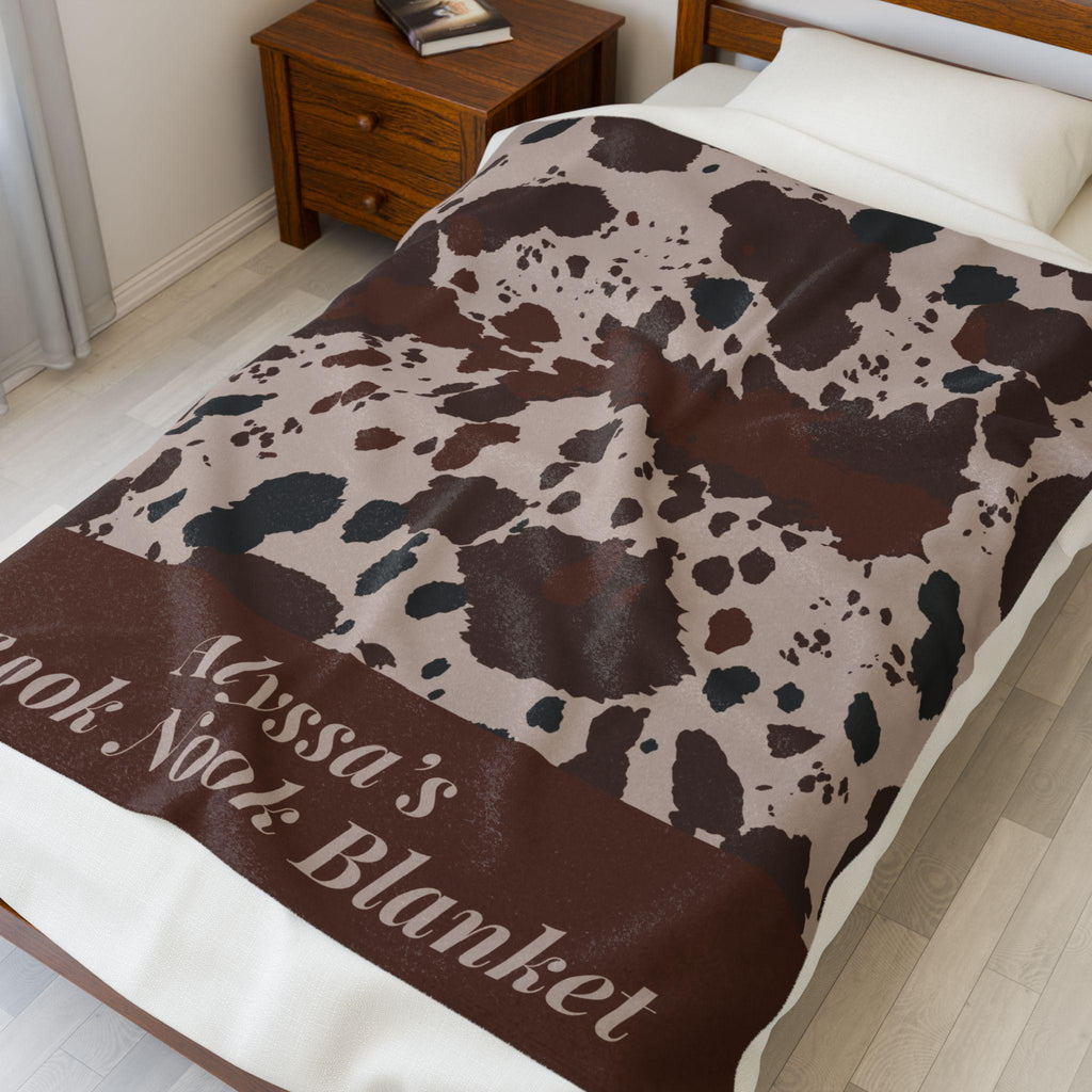 Custom Name Book Nook Blanket Cow Print Velveteen Plush