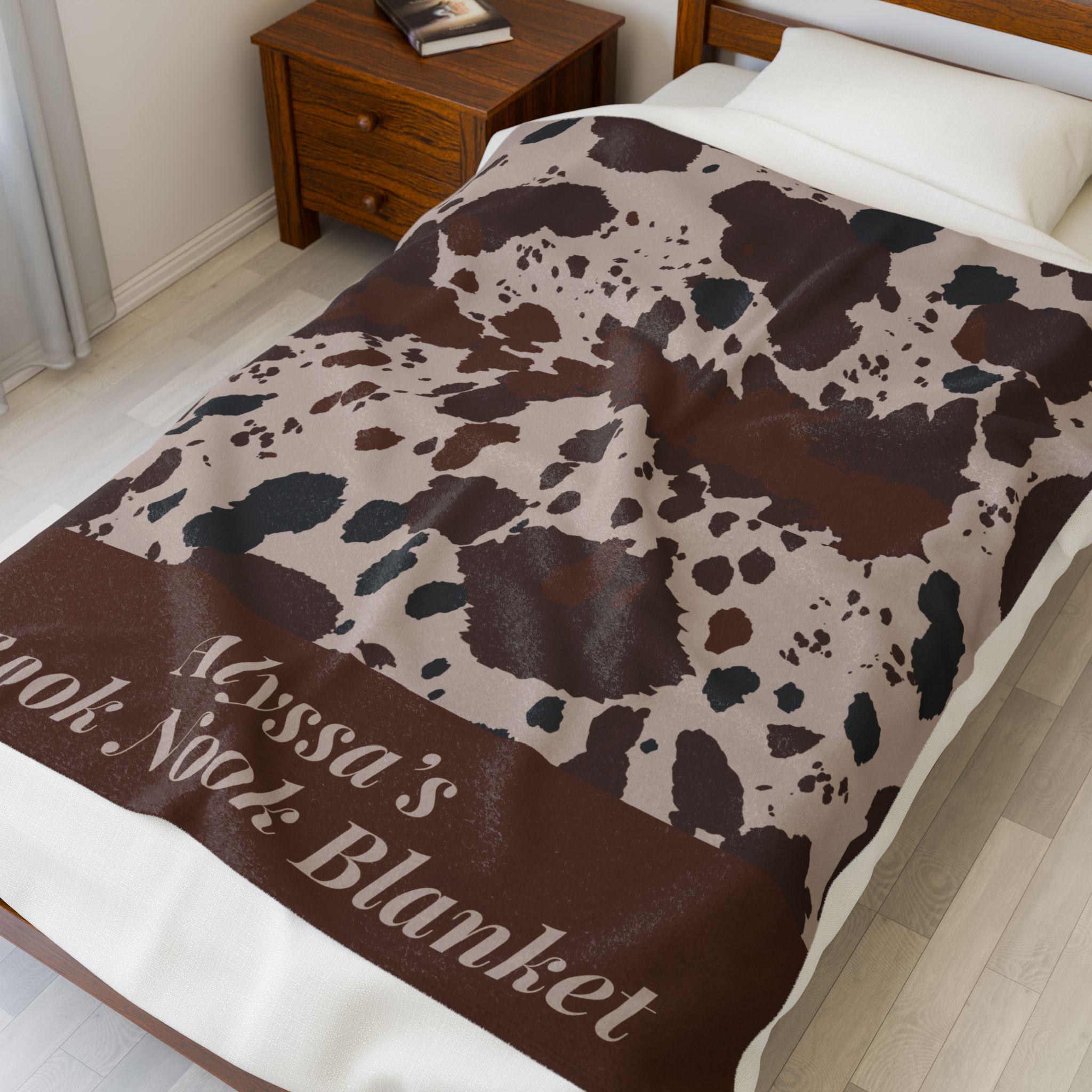 Custom Name Book Nook Blanket Cow Print Velveteen Plush