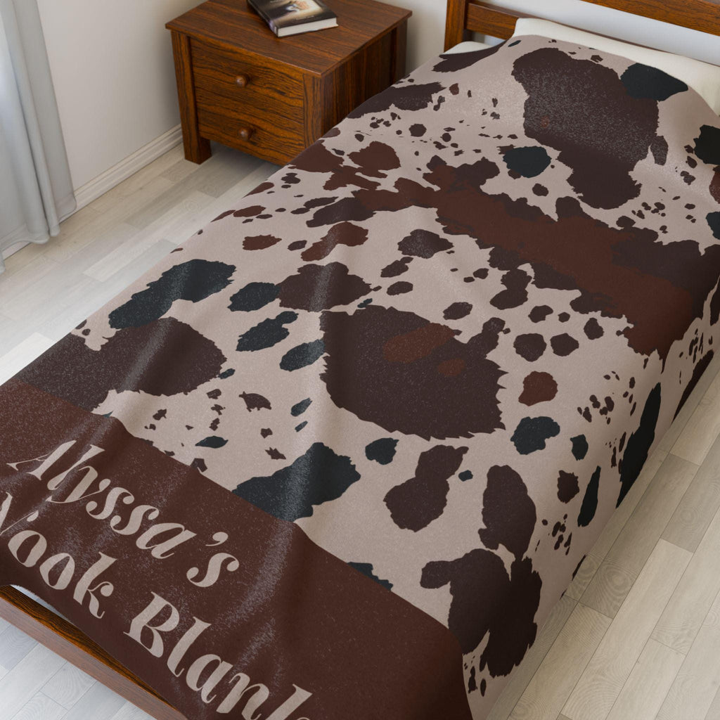 Custom Name Book Nook Blanket Cow Print Velveteen Plush