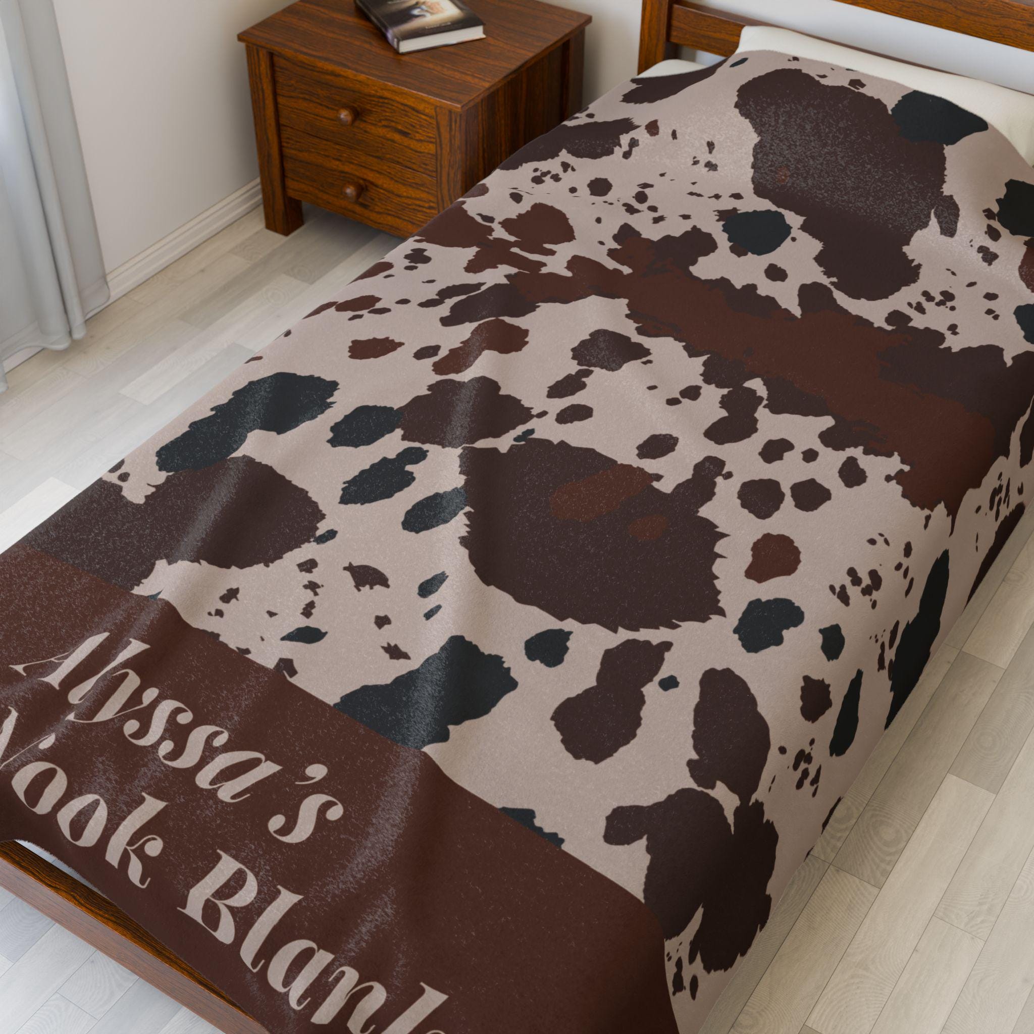 Custom Name Book Nook Blanket Cow Print Velveteen Plush