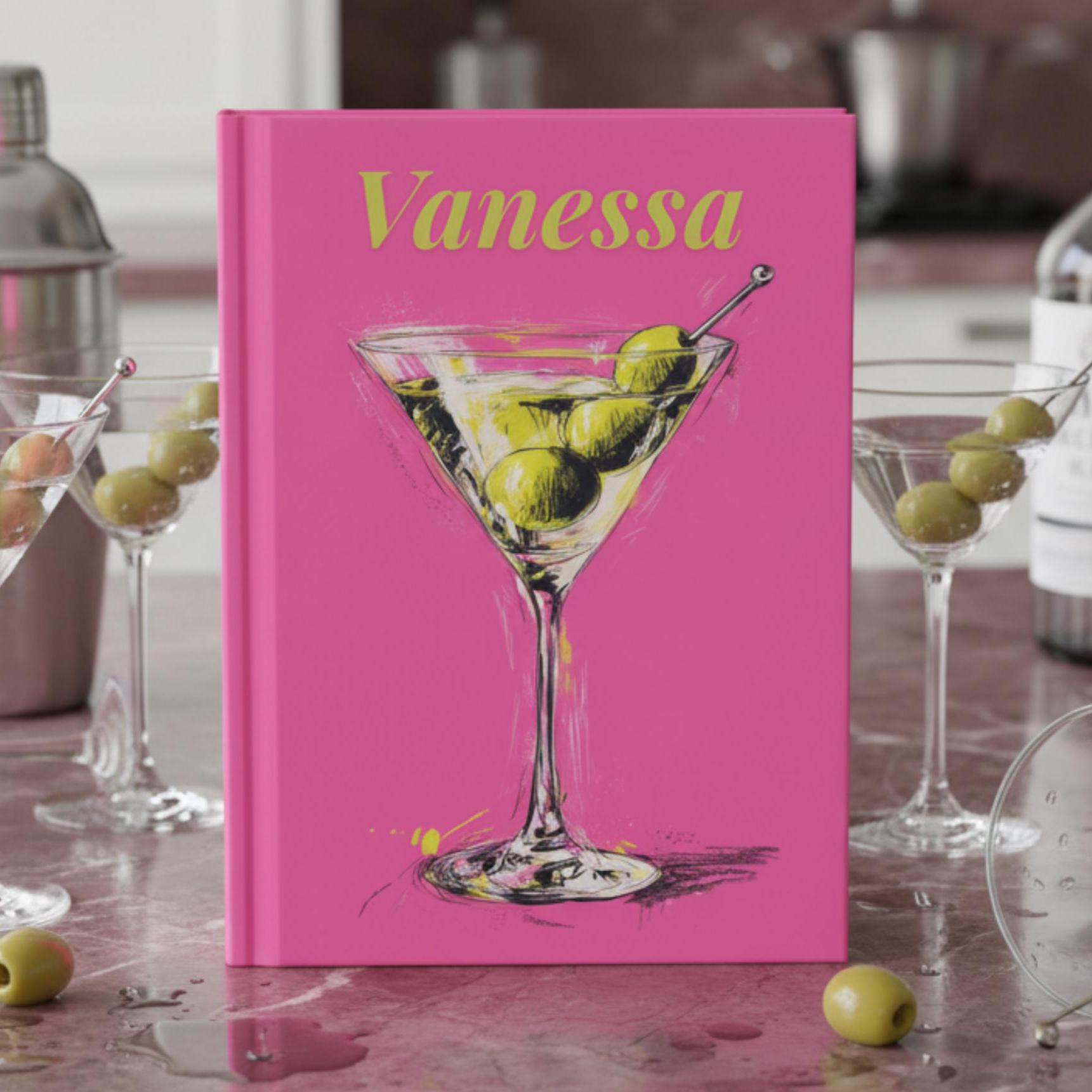 Personalized Pink Cocktail Journal-Martini Cover Custom Name Notebook