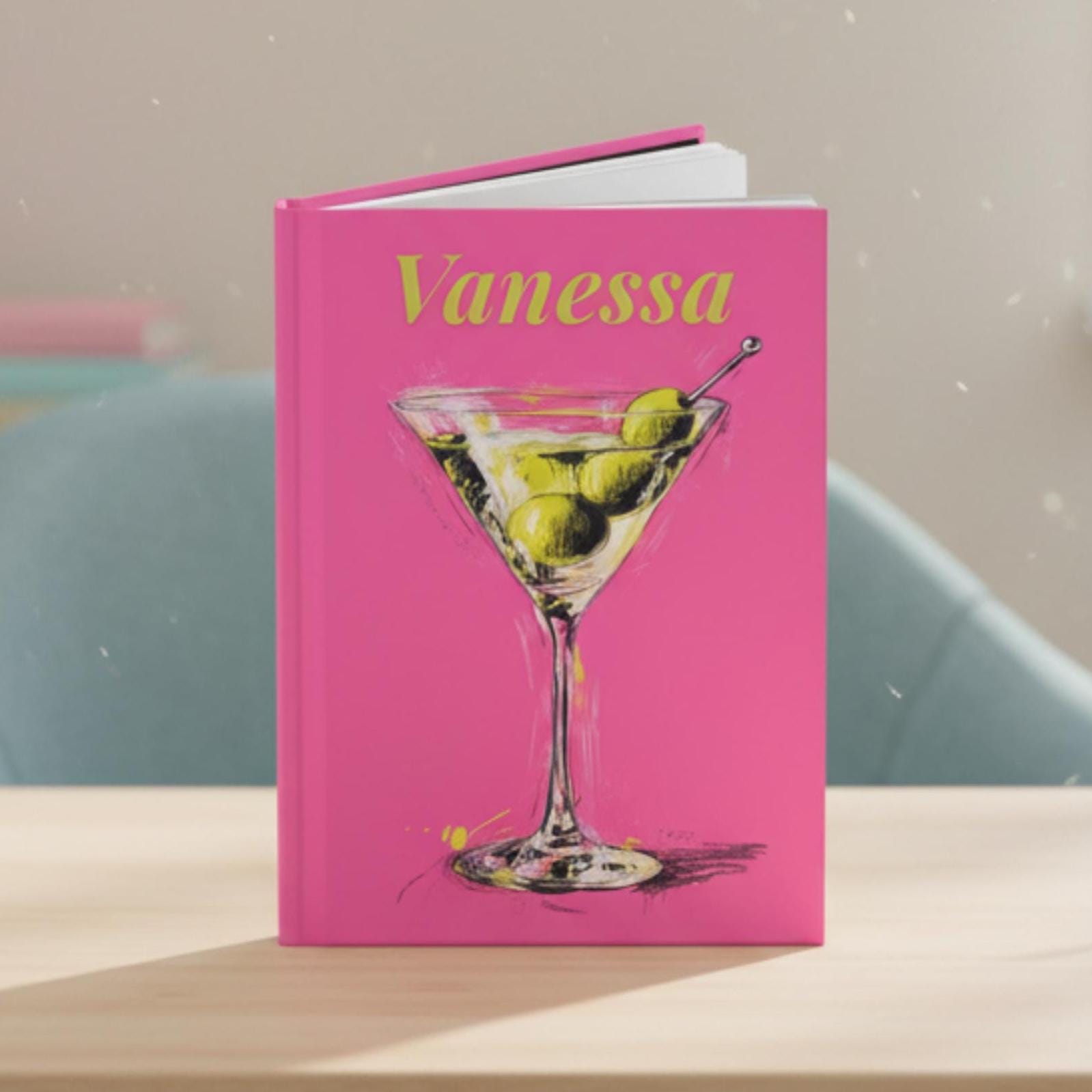 Personalized Pink Cocktail Journal-Martini Cover Custom Name Notebook