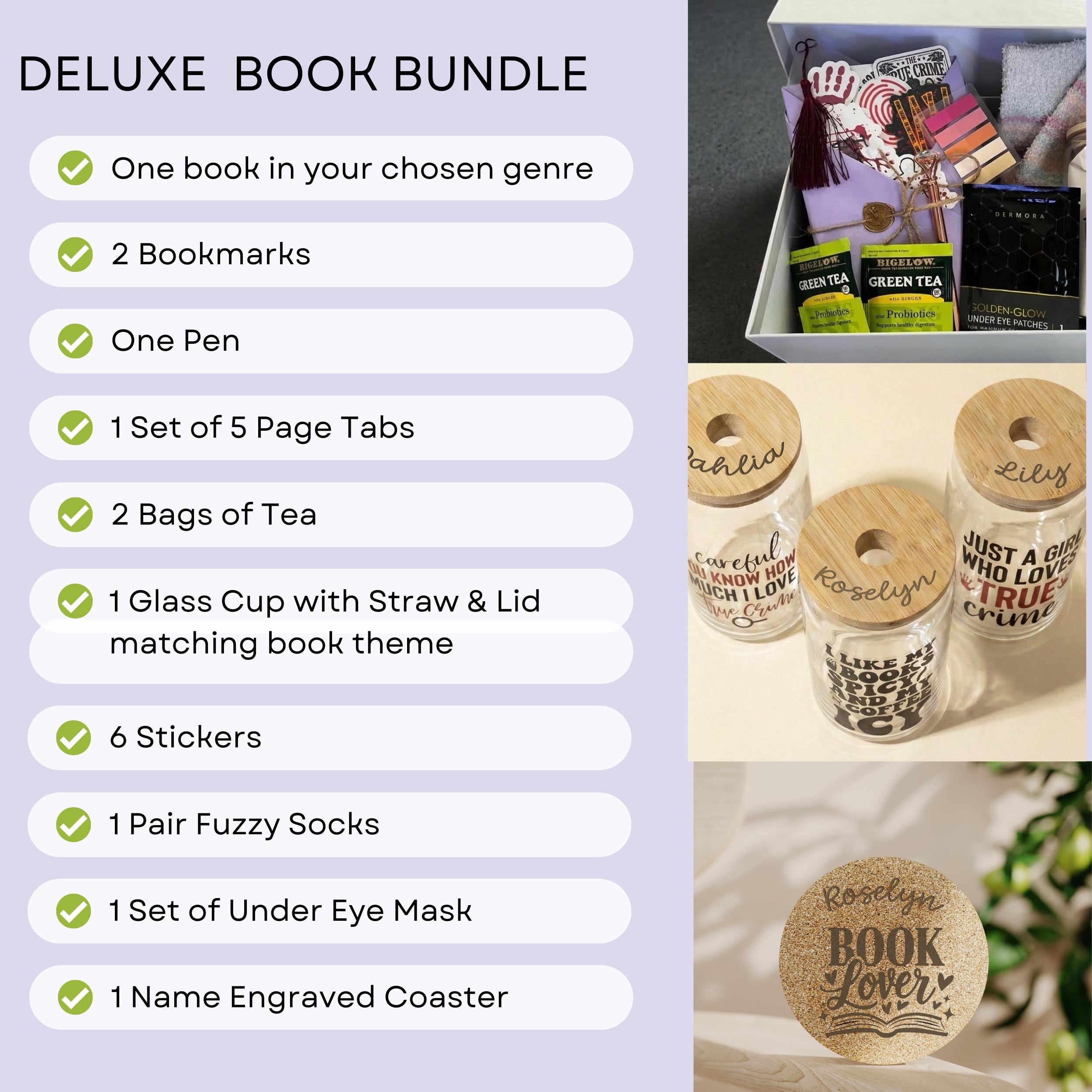 Curated Romance Book Bundle Blind Date Mystery Novel Gift Box Bookish Reader Surprise Package Cozy Gift Set For Book Lovers Fuzzy Socks Glass Can Tumbler Spicy Books Theme Bookmarks Stickers Tea Bags Self Care Under Eye Mask Romance Reader