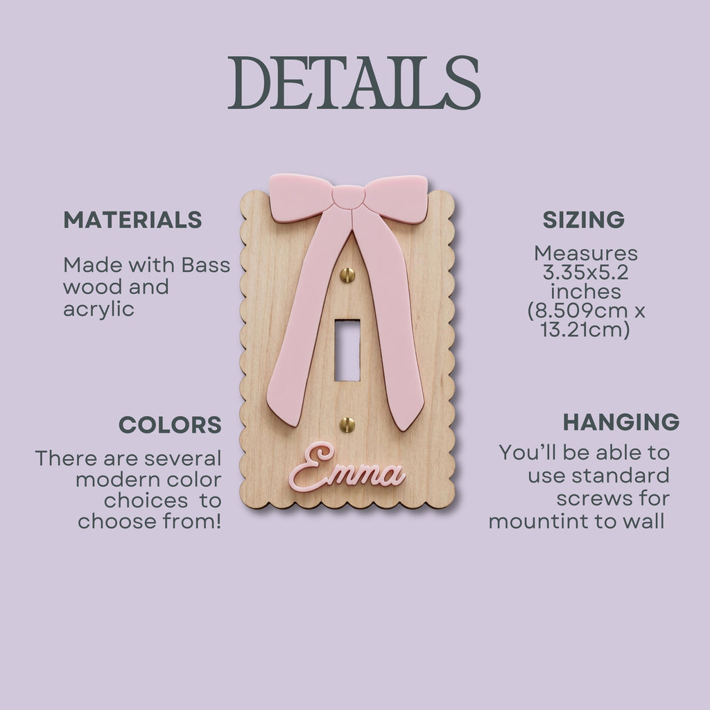 Custom Name Light Switch Cover Personalized Nursery Switch Plate Wood and Acrylic Bow Wall Decor Baby Girl Room Decor Custom Name Sign