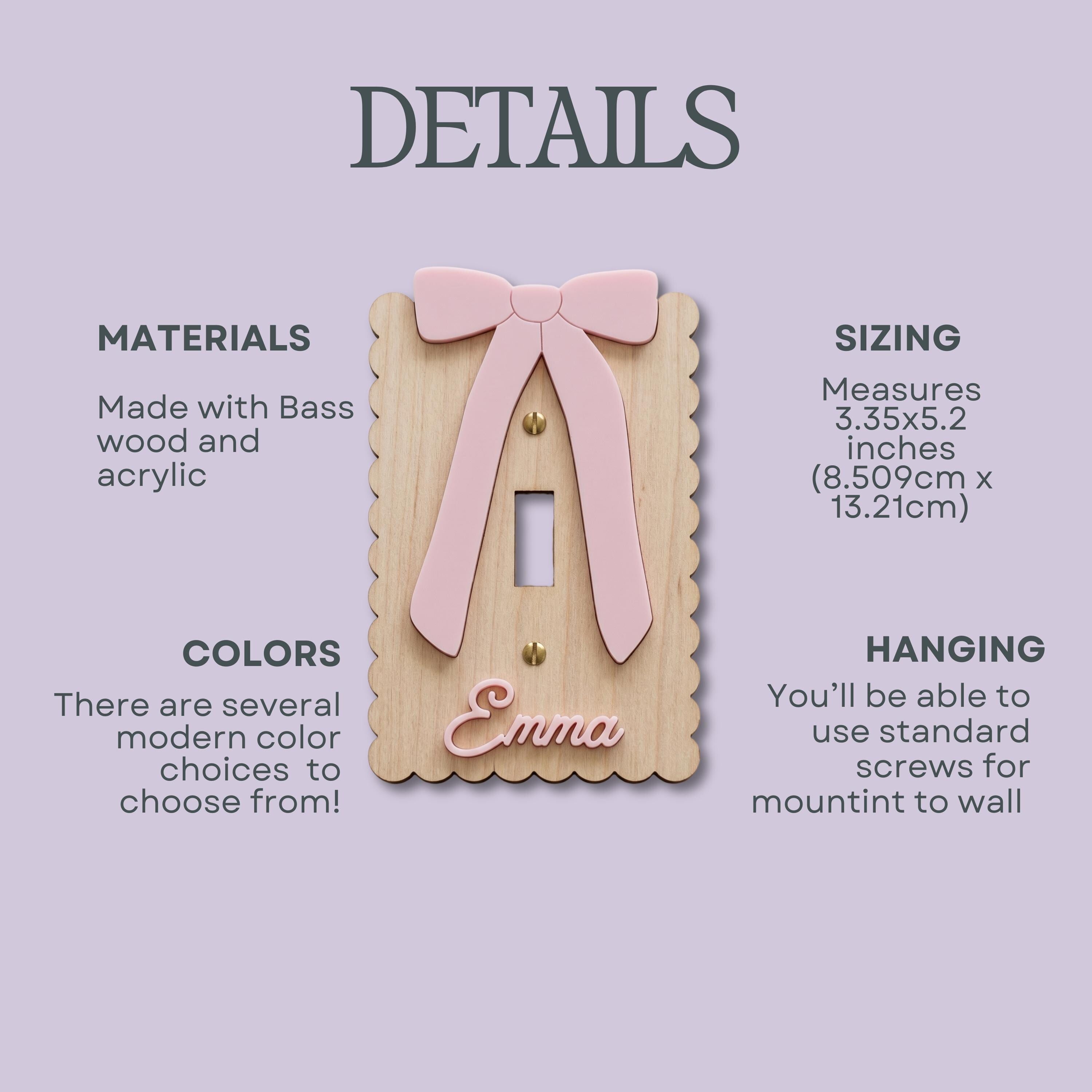 Custom Name Light Switch Cover Personalized Nursery Switch Plate Wood and Acrylic Bow Wall Decor Baby Girl Room Decor Custom Name Sign