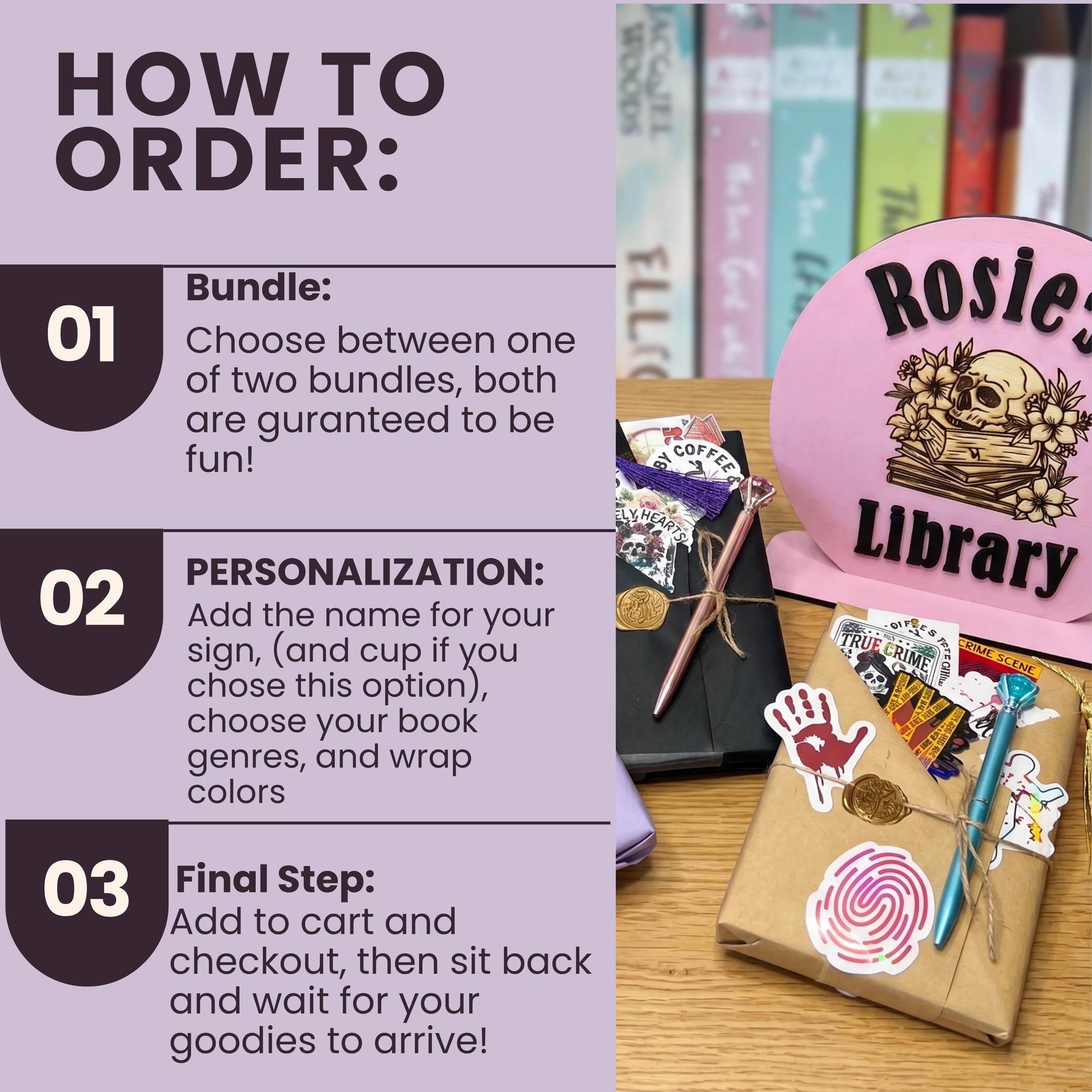 Custom Blind Date with a Book Bundle 3 Book Big Box with Personalized Library Sign