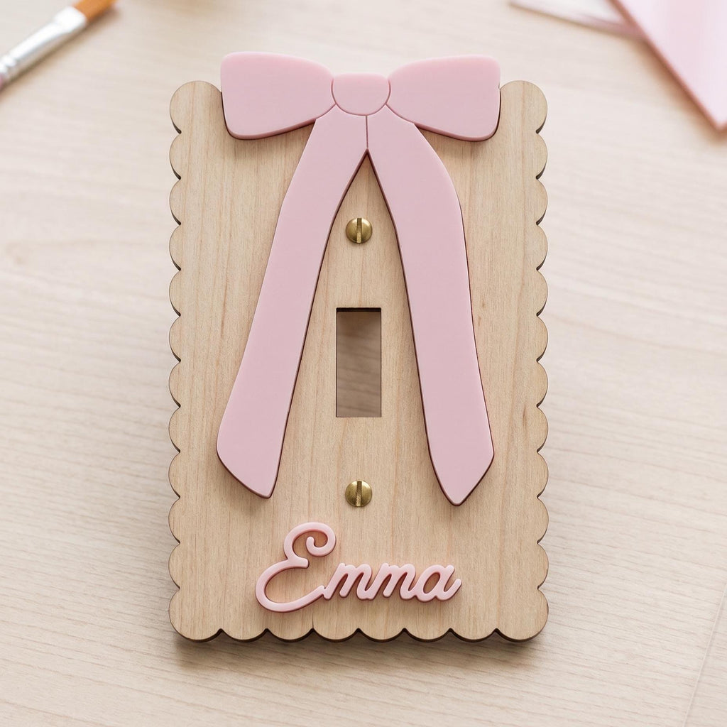 Custom Name Light Switch Cover Scalloped Wood Switch Plate with Acrylic Bow