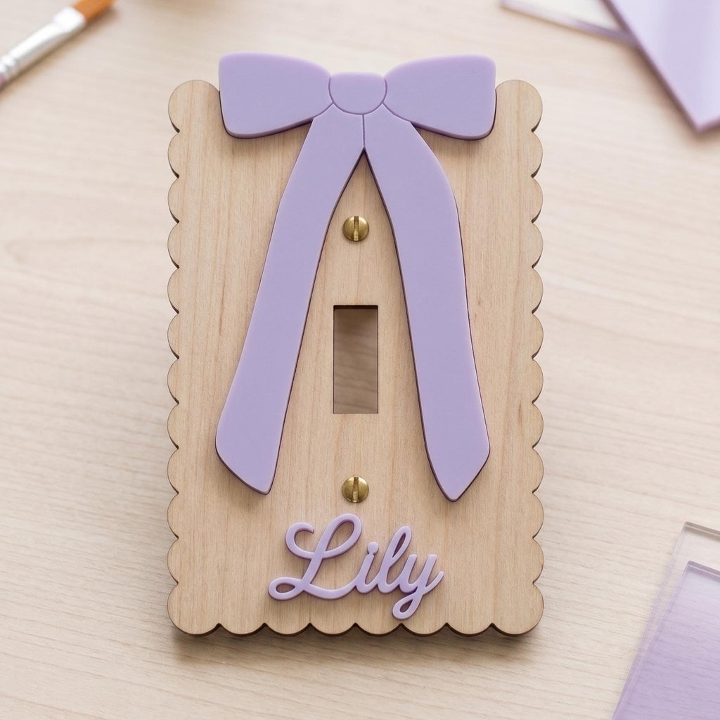 Custom Name Light Switch Cover Personalized Nursery Switch Plate Wood and Acrylic Bow Wall Decor Baby Girl Room Decor Custom Name Sign