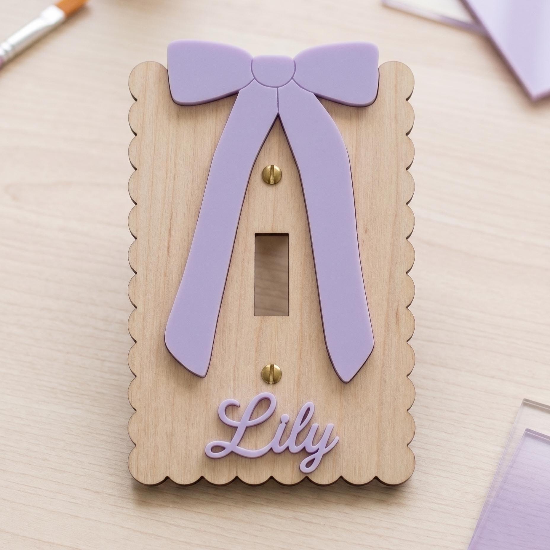 Custom Name Light Switch Cover Personalized Nursery Switch Plate Wood and Acrylic Bow Wall Decor Baby Girl Room Decor Custom Name Sign