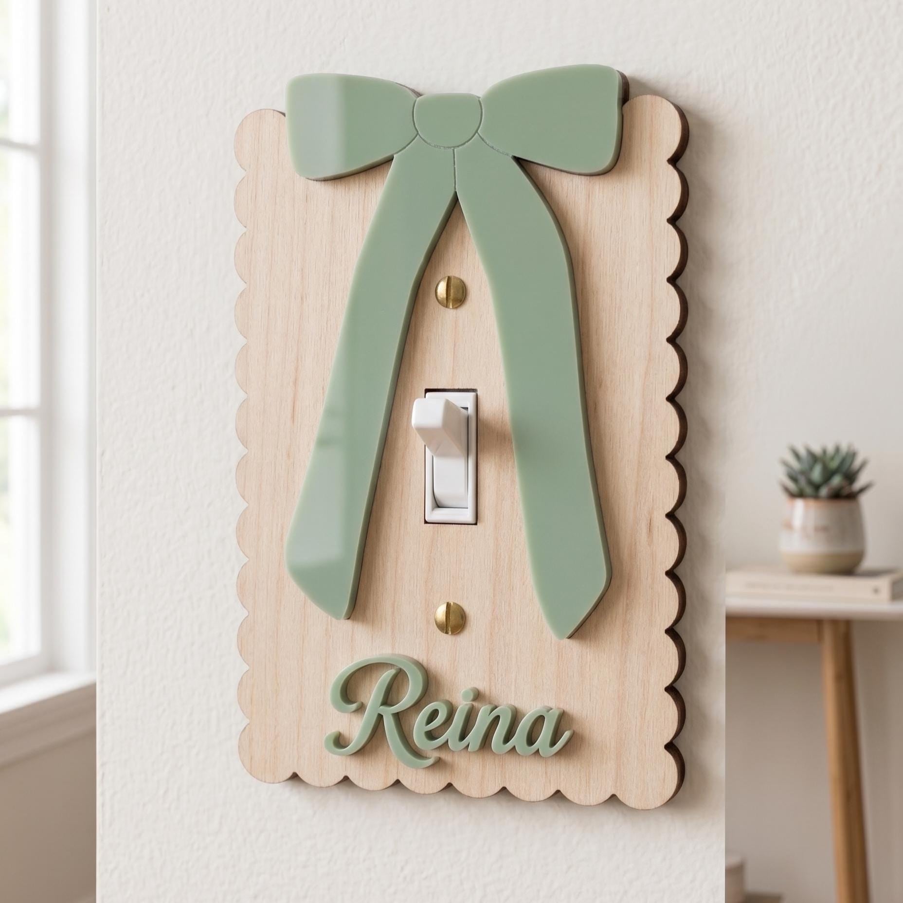Custom Name Light Switch Cover Scalloped Wood Switch Plate with Acrylic Bow