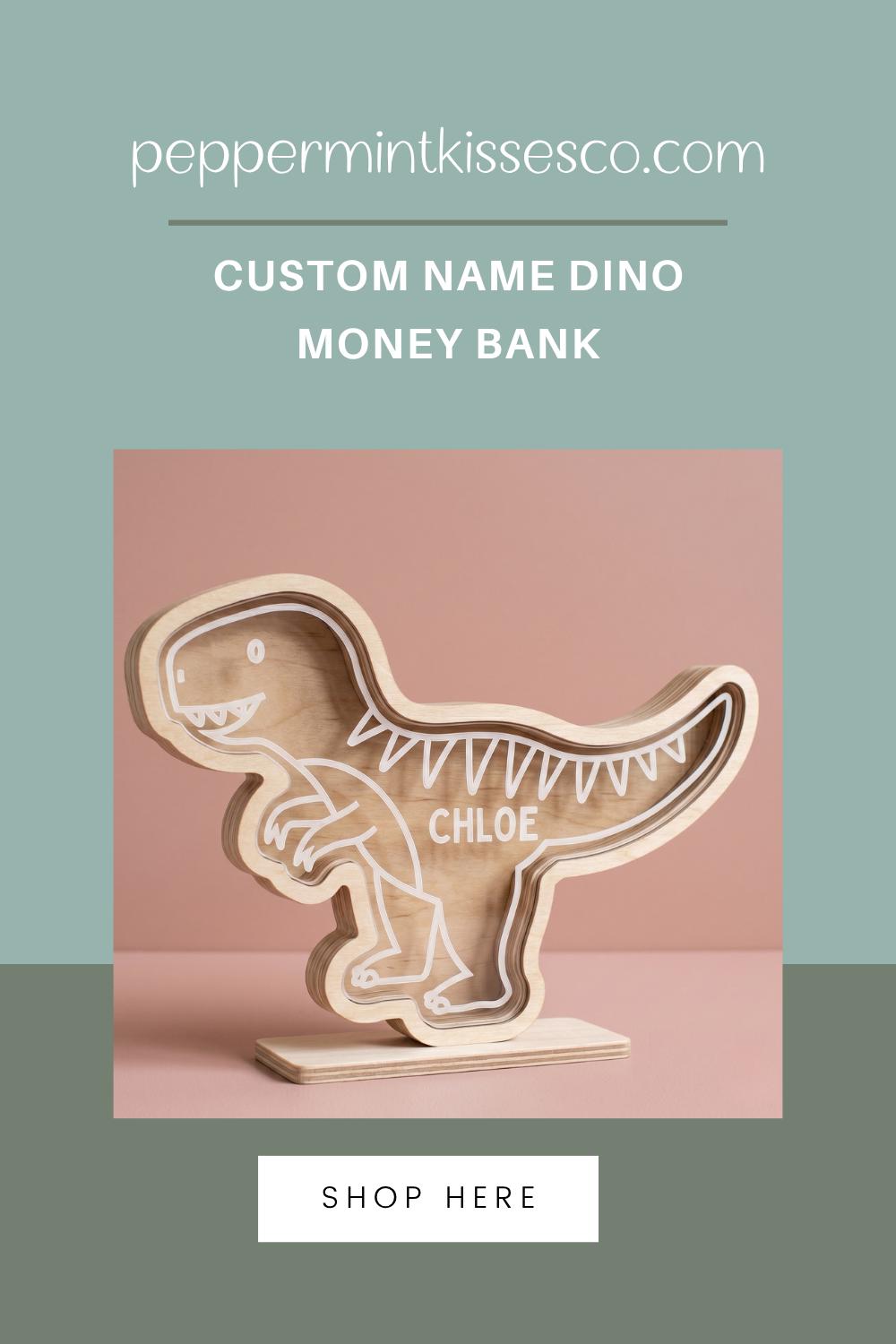 Personalized Dinosaur Piggy Bank with Custom Name Wooden Money Bank Wood and Acrylic Coin Bank for Kids Dino Nursery Decor Birthday Gift