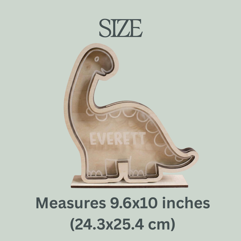 Personalized Dinosaur Piggy Bank with Custom Name Wooden Money Bank Wood and Acrylic Coin Bank for Kids Dino Nursery Decor Birthday Gift
