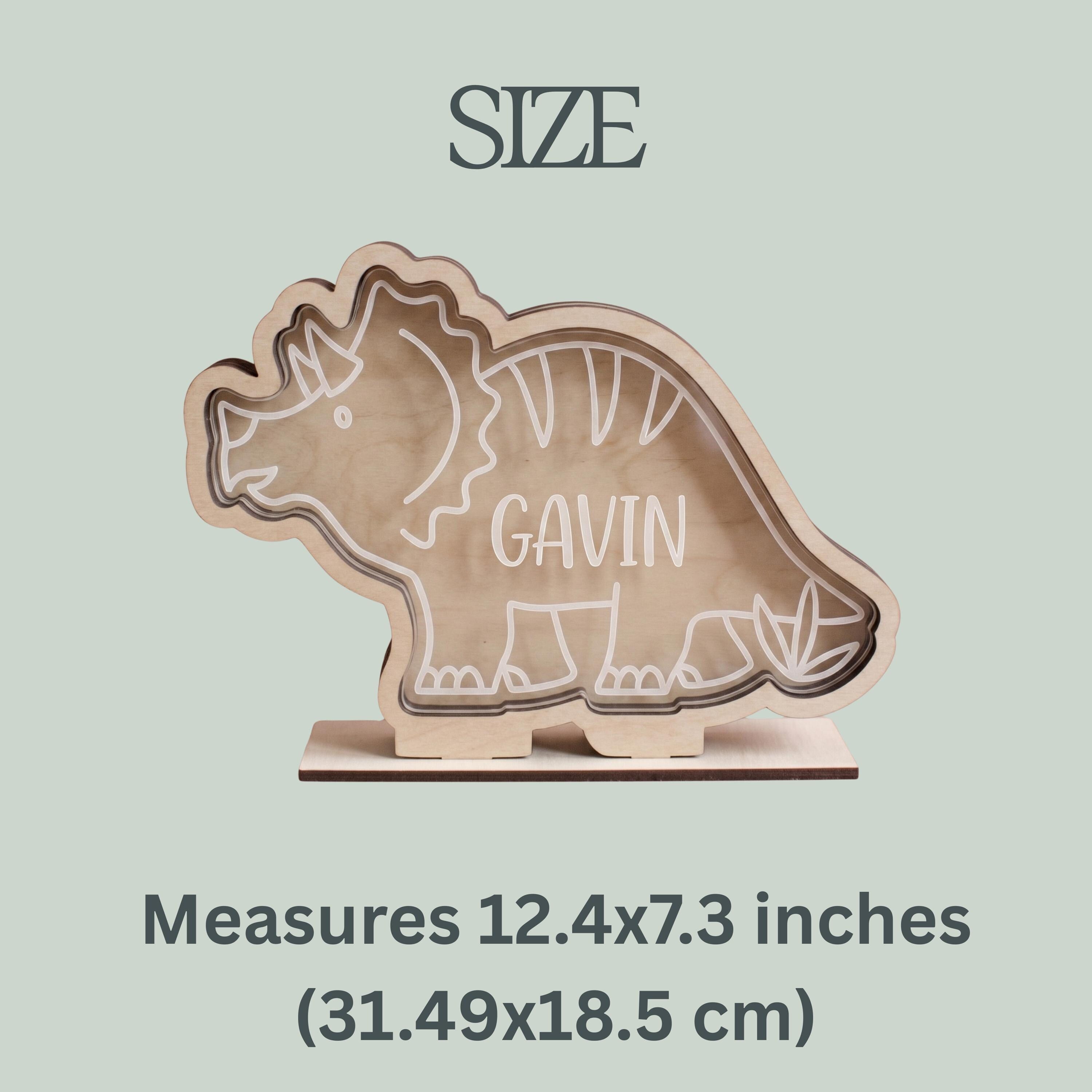 Personalized Dinosaur Piggy Bank with Custom Name Wooden Money Bank Wood and Acrylic Coin Bank for Kids Dino Nursery Decor Birthday Gift