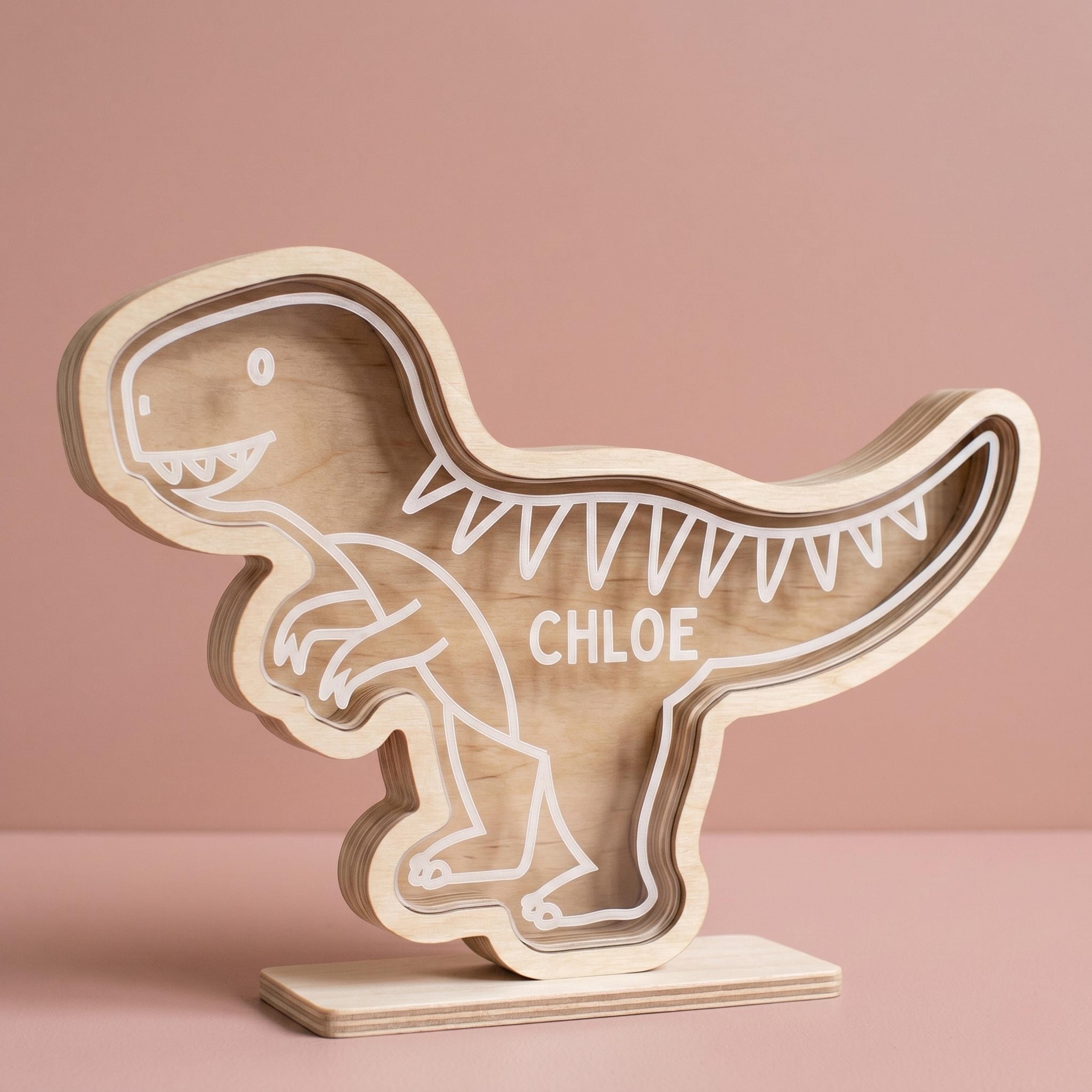 Personalized Dinosaur Piggy Bank with Custom Name Wooden Money Bank