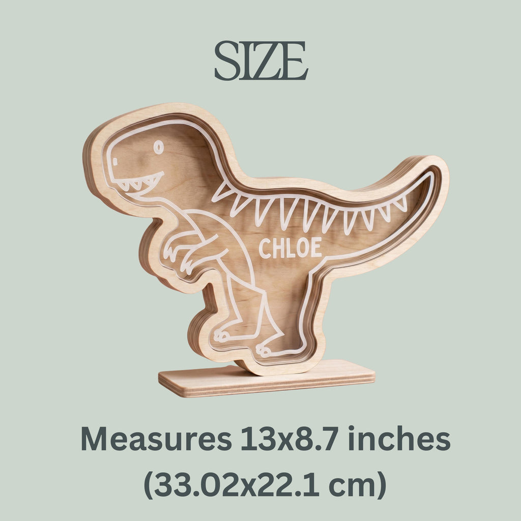 Personalized Dinosaur Piggy Bank with Custom Name Wooden Money Bank Wood and Acrylic Coin Bank for Kids Dino Nursery Decor Birthday Gift